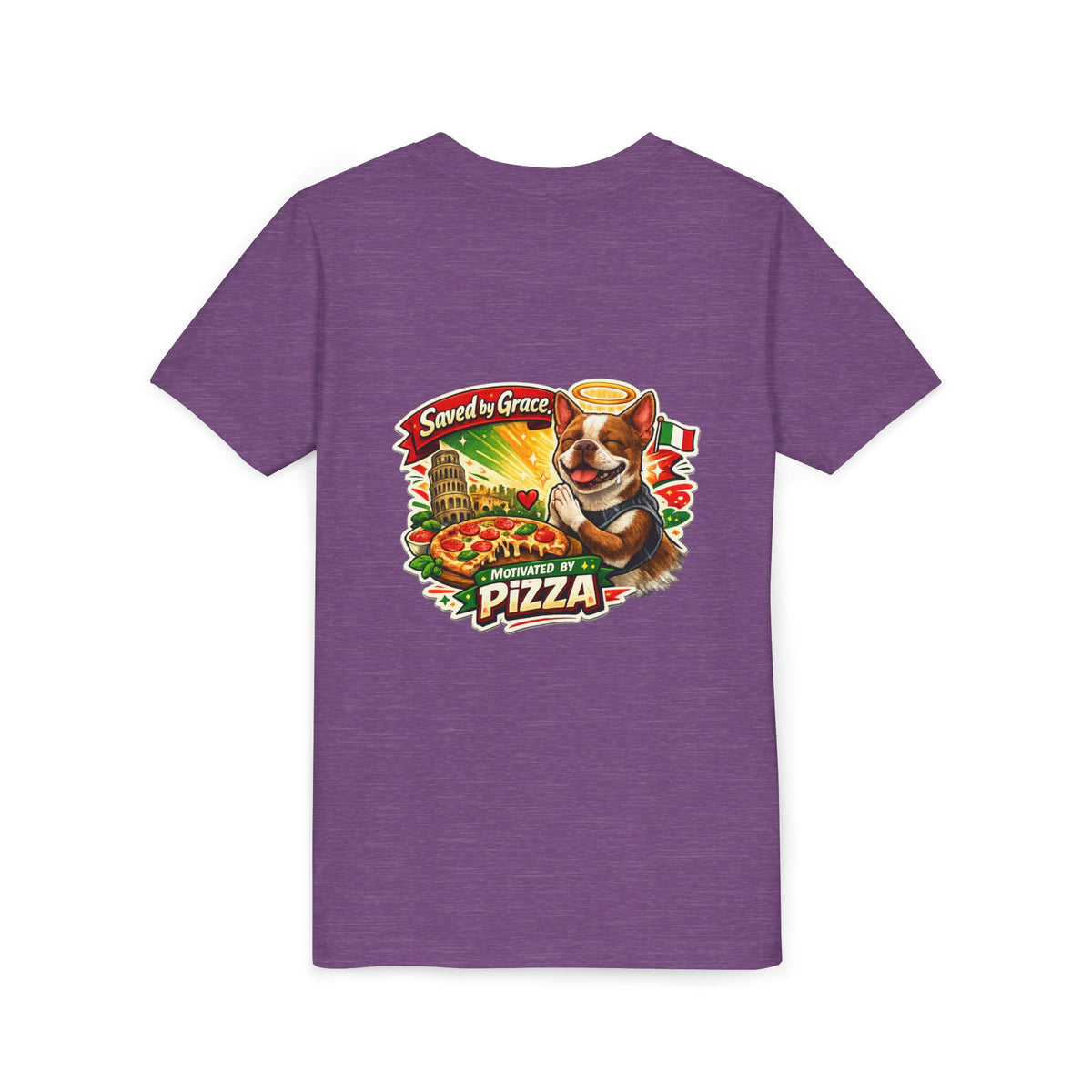 Kids' Pizza Olli the Boston Terrier Tee — "Saved by Grace" Funny Italian Pizza Youth Shirt