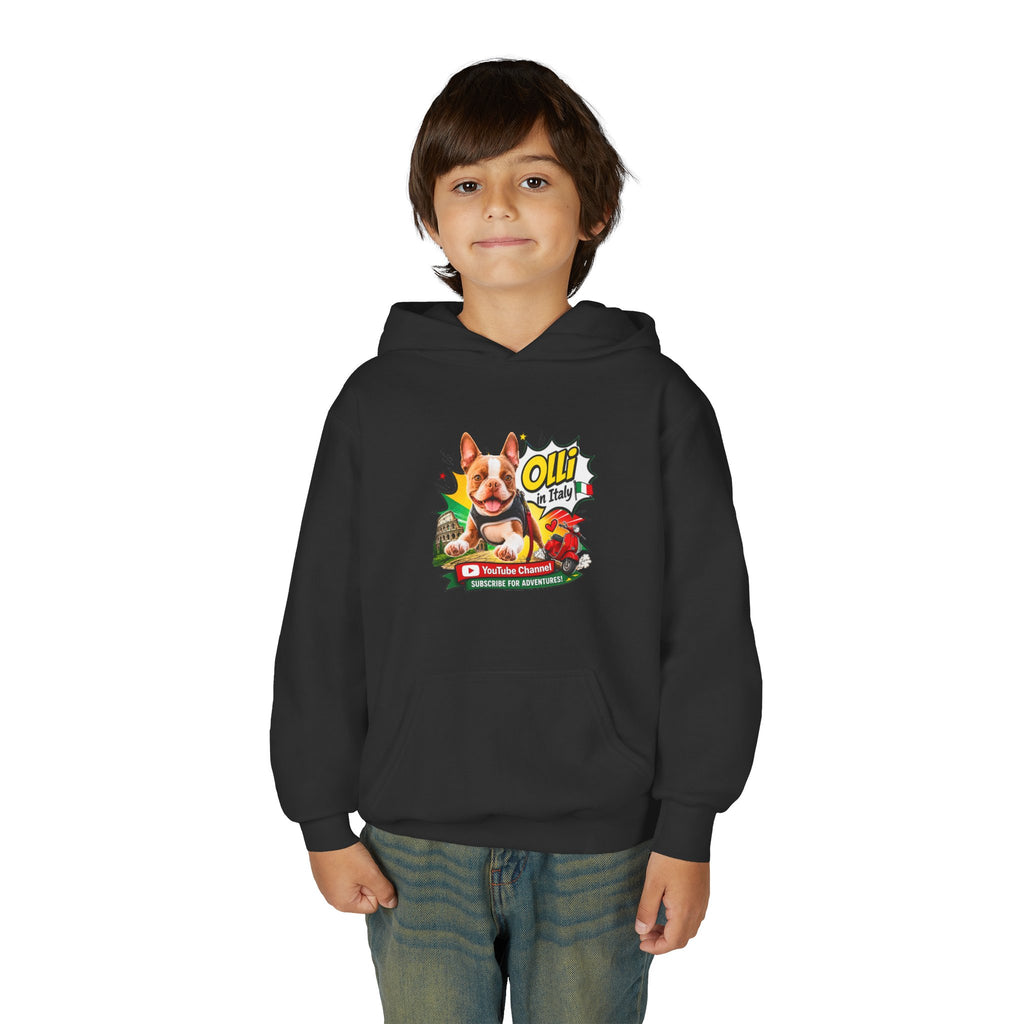 Olli the Boston Terrier in Italy Hoodie — "My Nose Says This Way" Youth Pullover