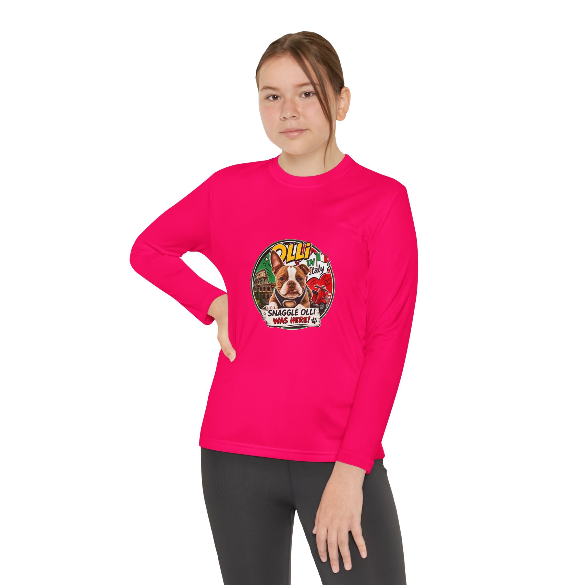Olli the Boston Terrier in Italy Youth Long Sleeve Tee — "Olli" Surf Rescue Graphic