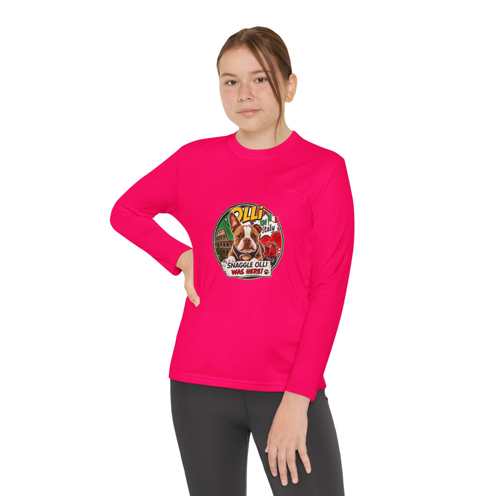 Olli the Boston Terrier in Italy Youth Long Sleeve Tee — "Olli" Surf Rescue Graphic