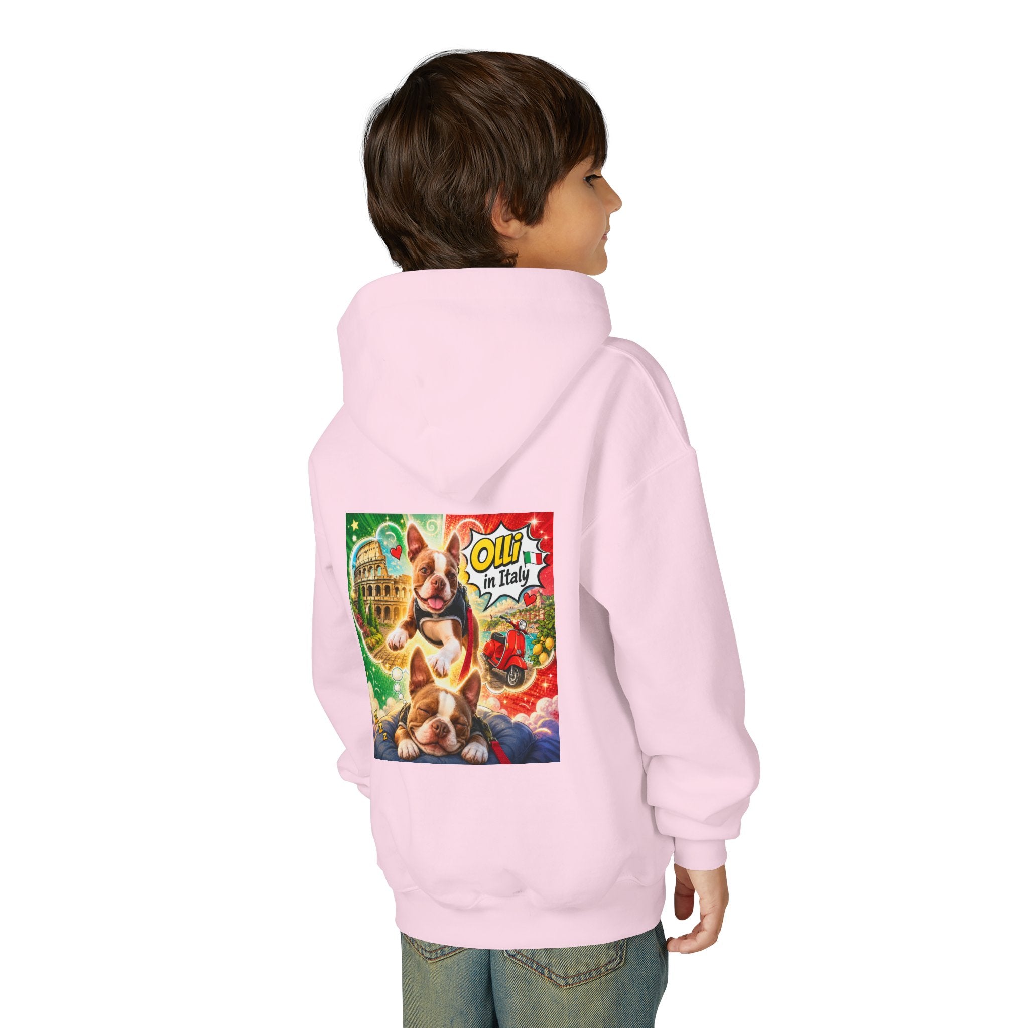 Youth Hoodie — "Olli in Italy" Boston Terrier Sweatshirt