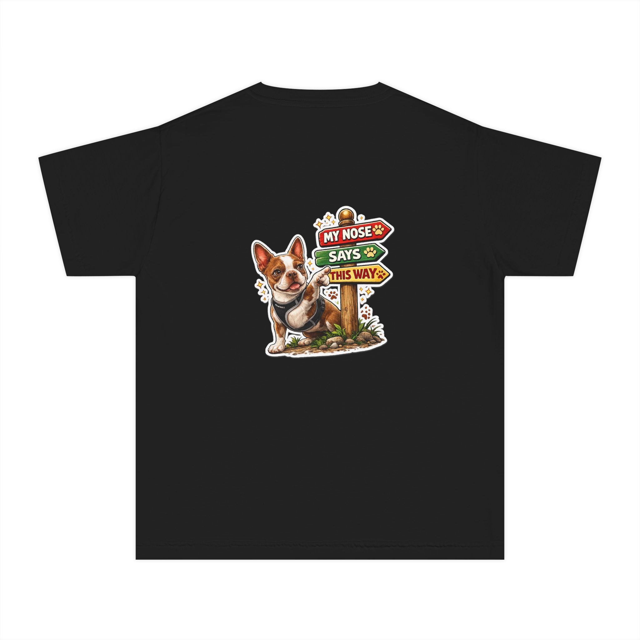 Youth Tee - Cute Olli the Boston Terrier "My Nose Says This Way" Vintage Italian Pizza Chef Graphic