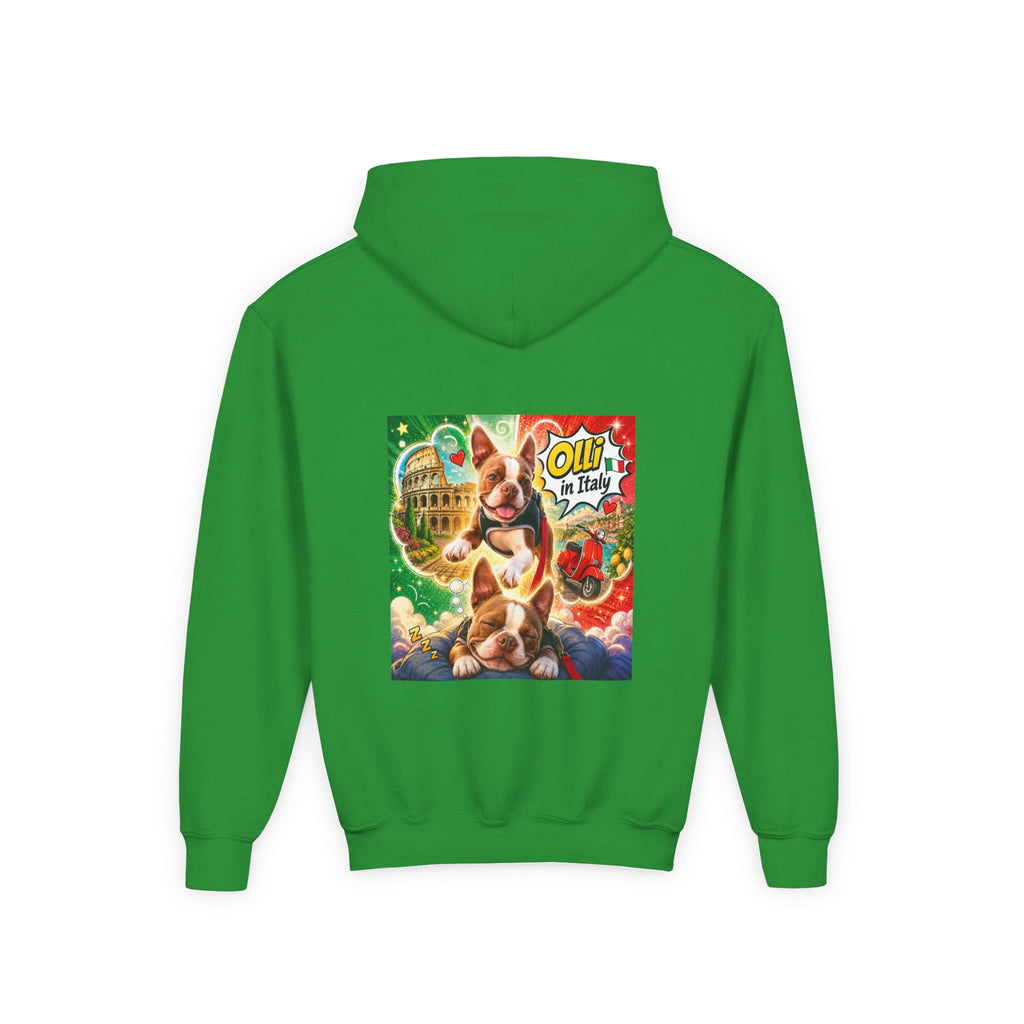 Youth Hoodie — "Olli in Italy" Boston Terrier Sweatshirt