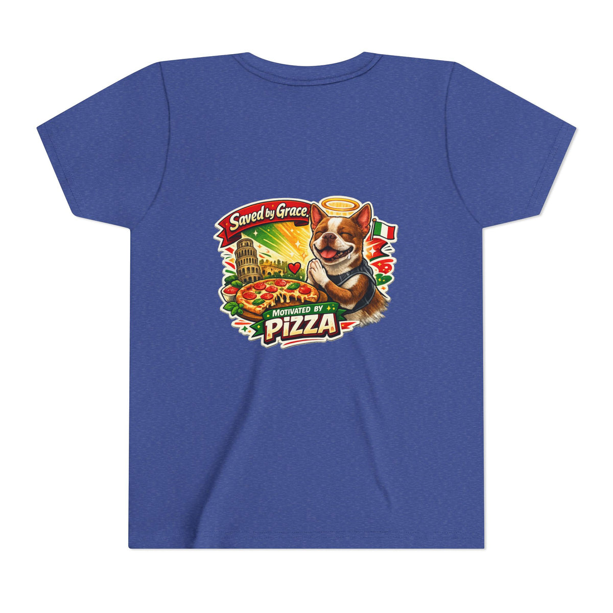 Kids' Pizza Olli the Boston Terrier Tee — "Saved by Grace" Funny Italian Pizza Youth Shirt