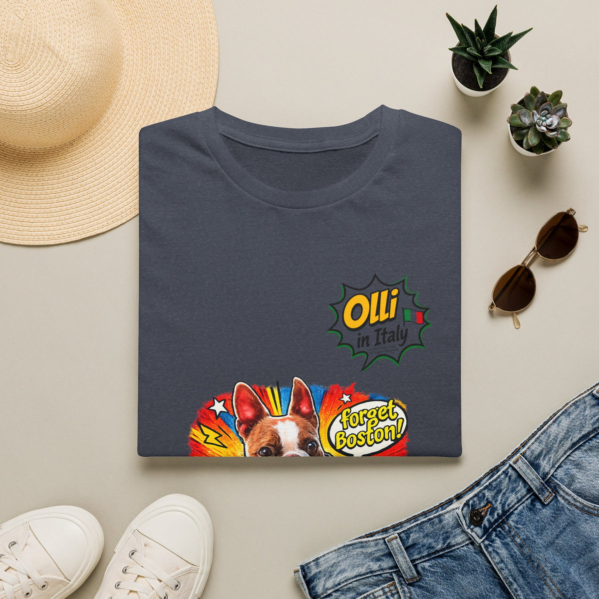 Olli in Italy "Forget Boston" Graphic T-Shirt — Colorful Dog Pop Art Tee