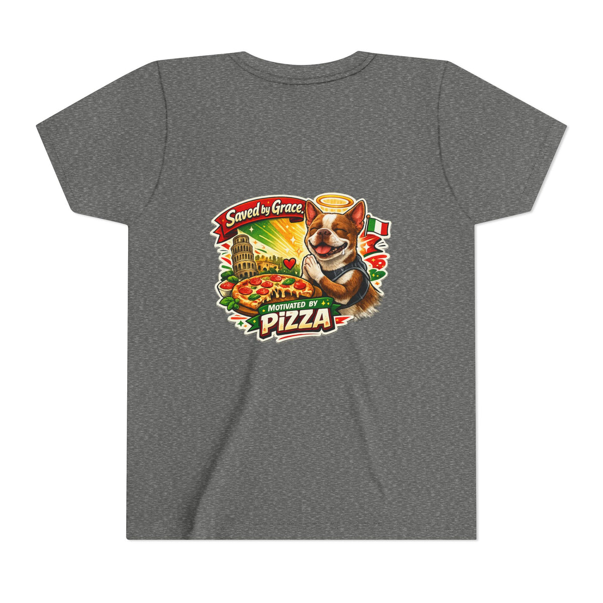 Kids' Pizza Olli the Boston Terrier Tee — "Saved by Grace" Funny Italian Pizza Youth Shirt