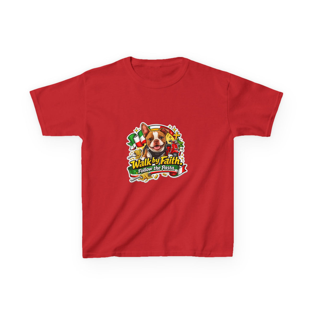 Kids T‑Shirt — “Walk by Faith, Follow the Pasta ” Cute Olli the Boston Terrier Faith Graphic