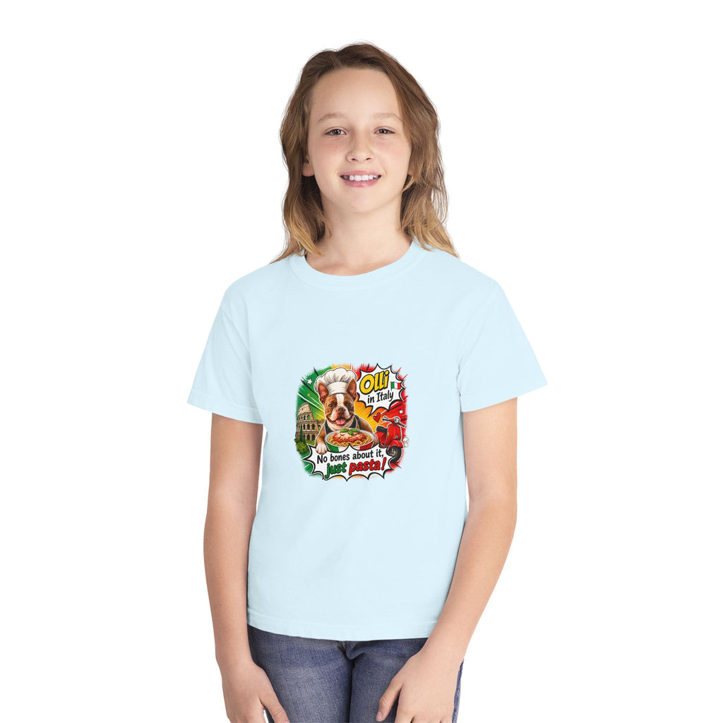 Youth Tee - Cute Olli the Boston Terrier "My Nose Says This Way" Vintage Italian Pizza Chef Graphic