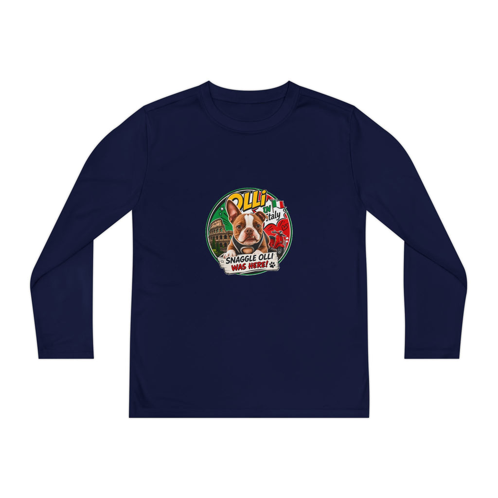 Olli the Boston Terrier in Italy Youth Long Sleeve Tee — "Olli" Surf Rescue Graphic