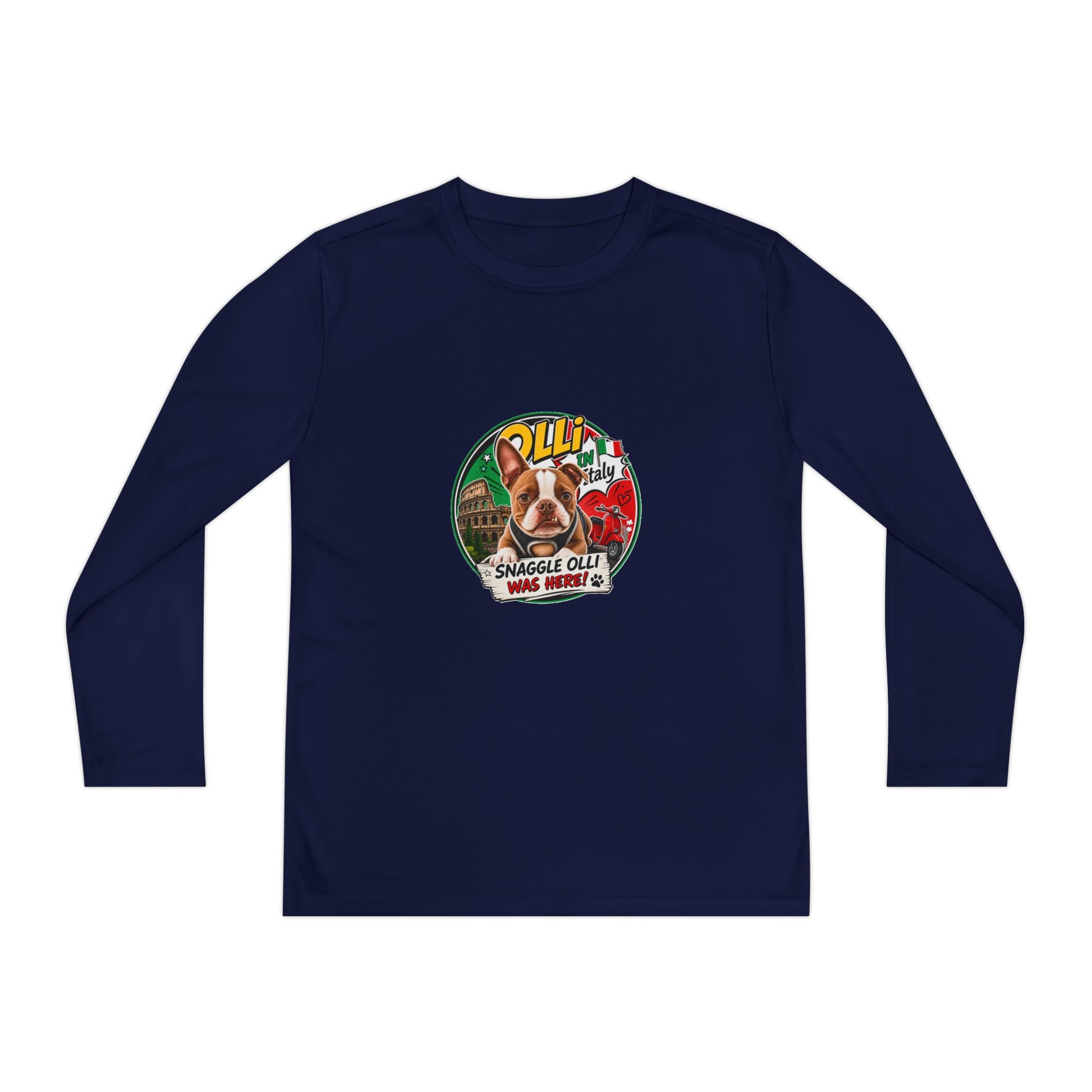 Olli the Boston Terrier in Italy Youth Long Sleeve Tee — "Olli" Surf Rescue Graphic