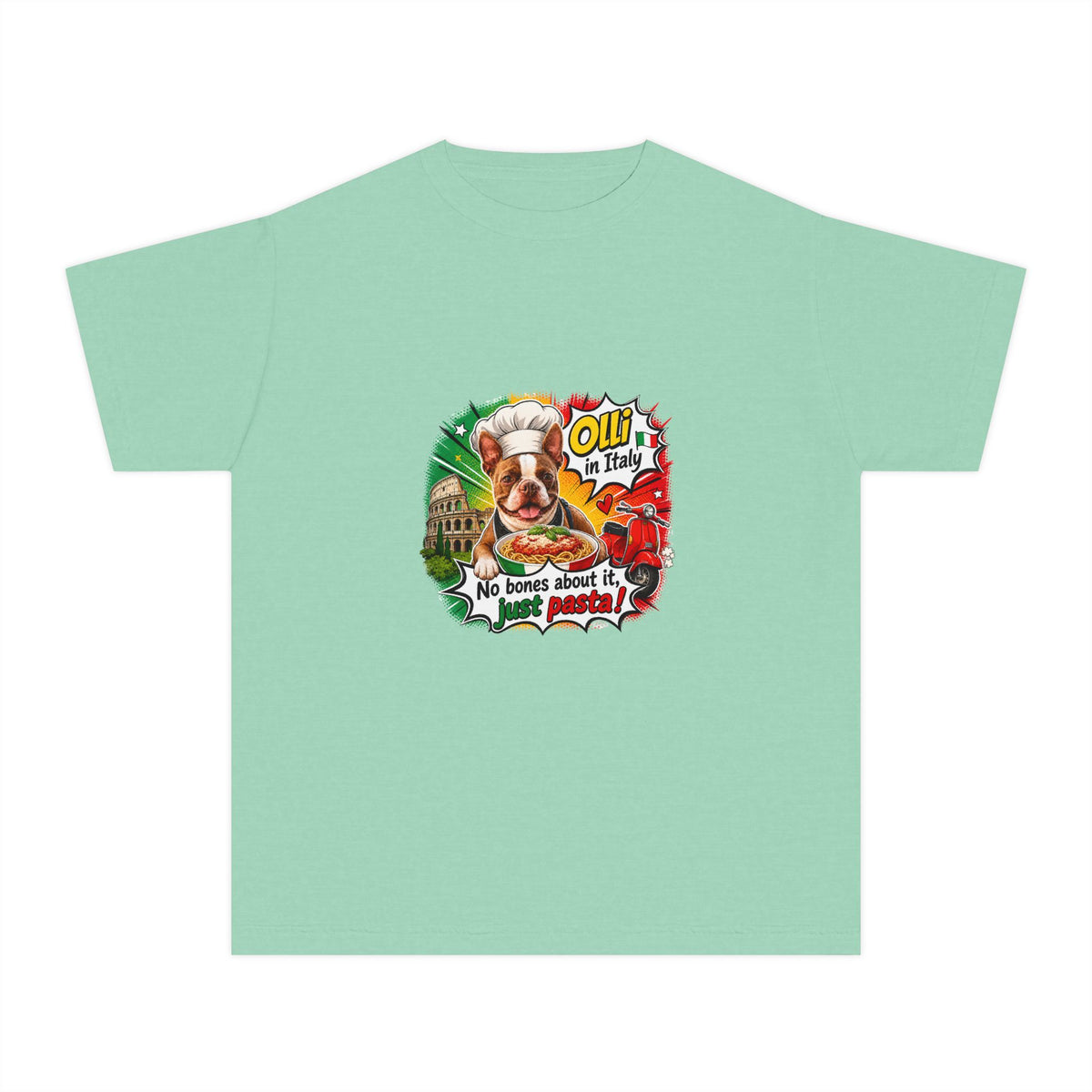 Youth Tee - Cute Olli the Boston Terrier "My Nose Says This Way" Vintage Italian Pizza Chef Graphic