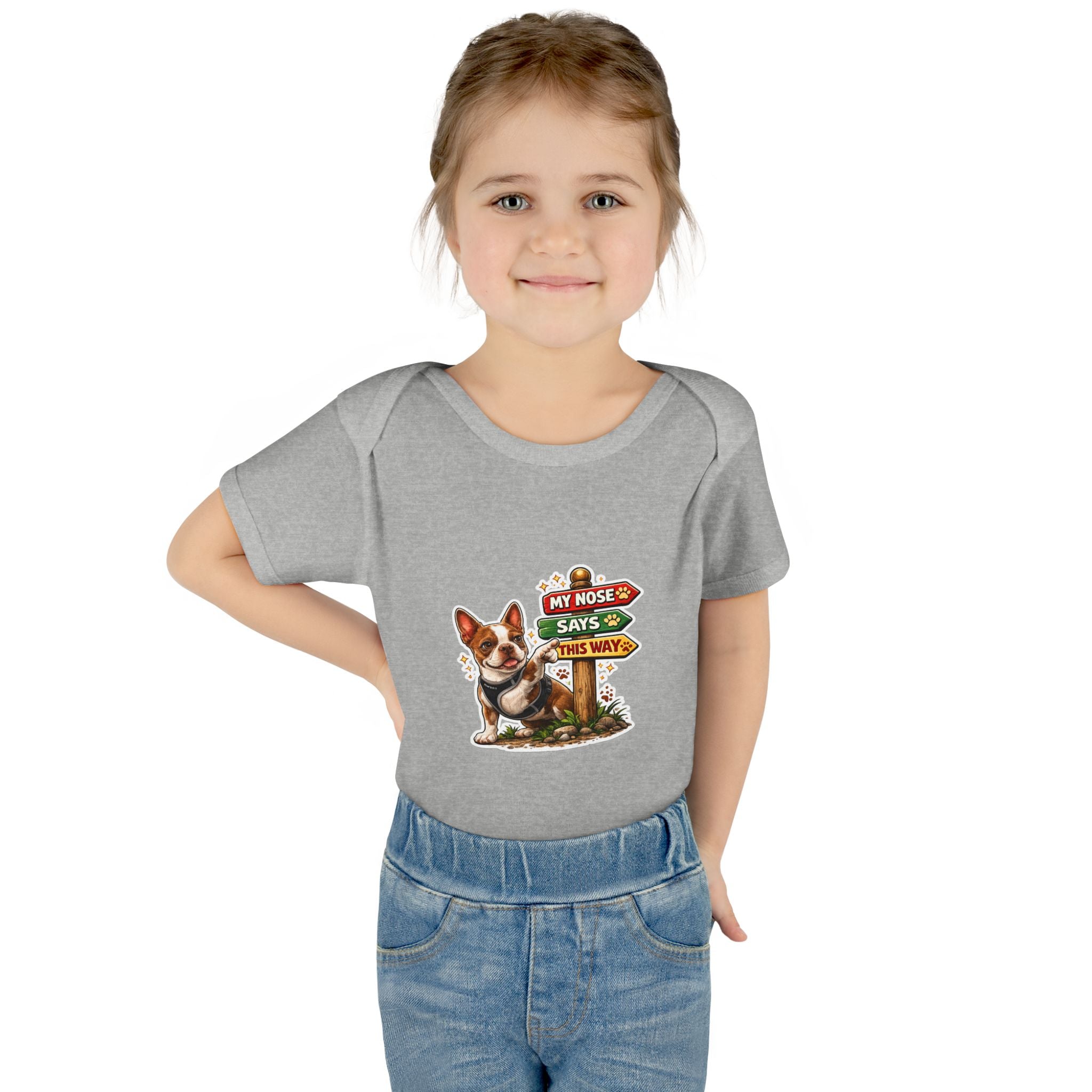 Infant Bodysuit — "My Nose Says This Way" Olli In Italy Boston Terrier Onesie (Front & Back Cute Dog Design)