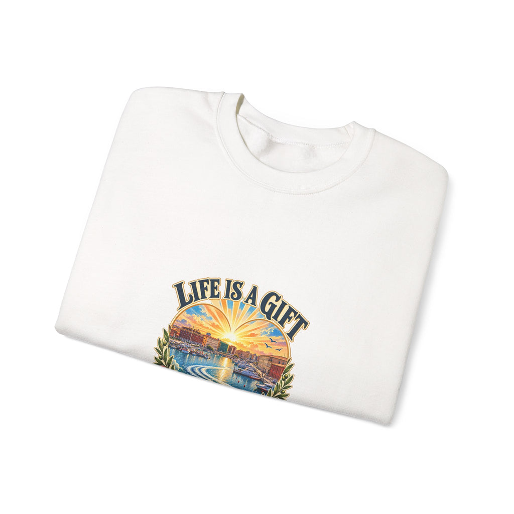 Life Is a Gift Crewneck Sweatshirt – 'Live It Generously' Graphic