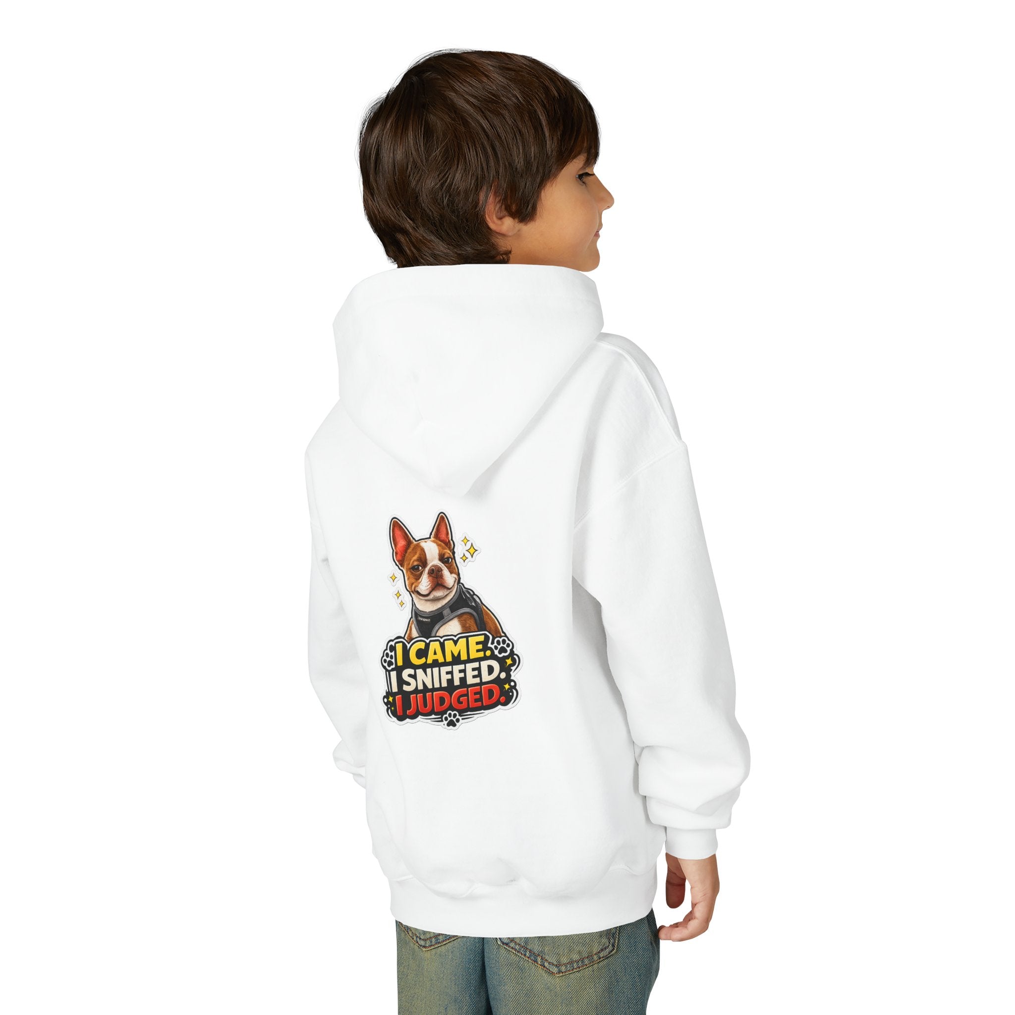 Youth Hoodie — Cute Olli the Boston Terrier ‘My Nose Says This Way’ / ‘I Came, I Sniffed, I Judged’