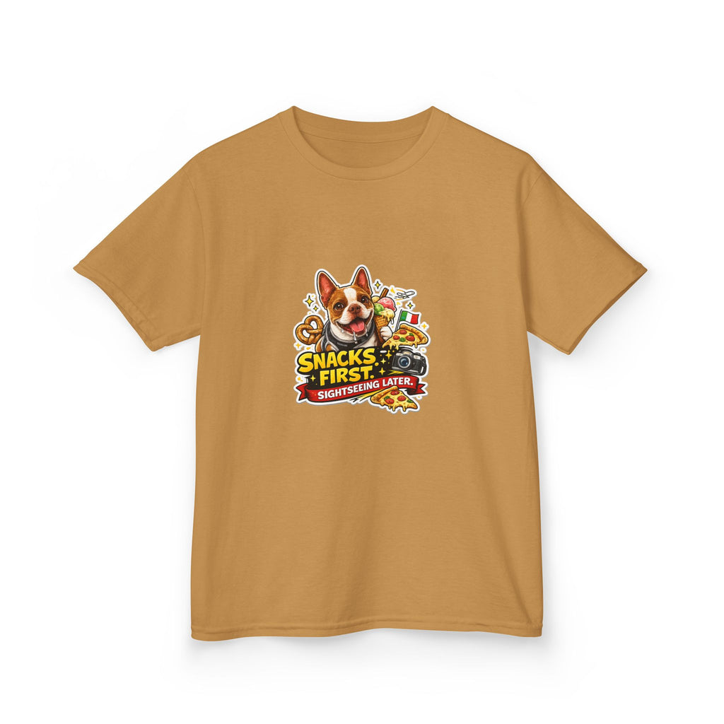 Kids T‑Shirt — "Snacks First" Funny Olli the Boston Terrier Graphic Tee for Children