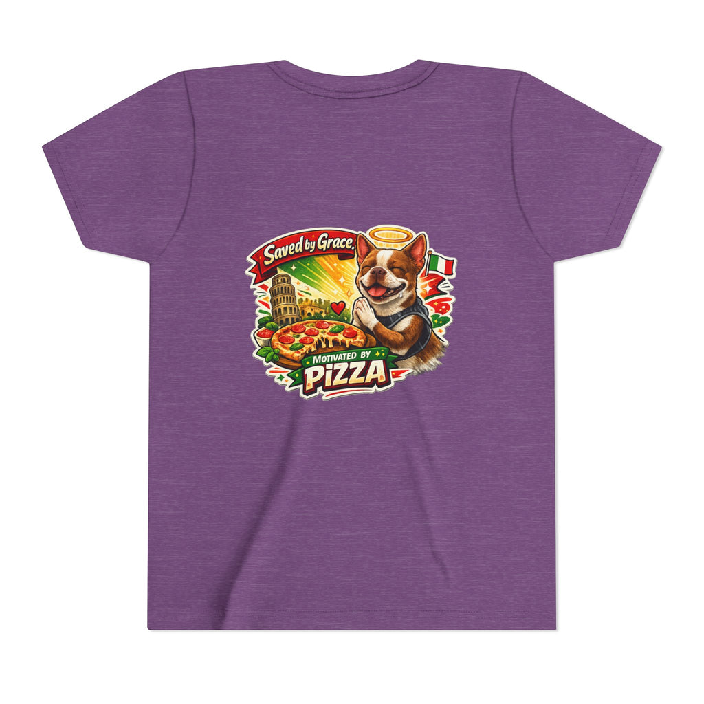 Kids' Pizza Olli the Boston Terrier in Italy Tee — "Saved by Grace" Funny Italian Pizza Youth Shirt