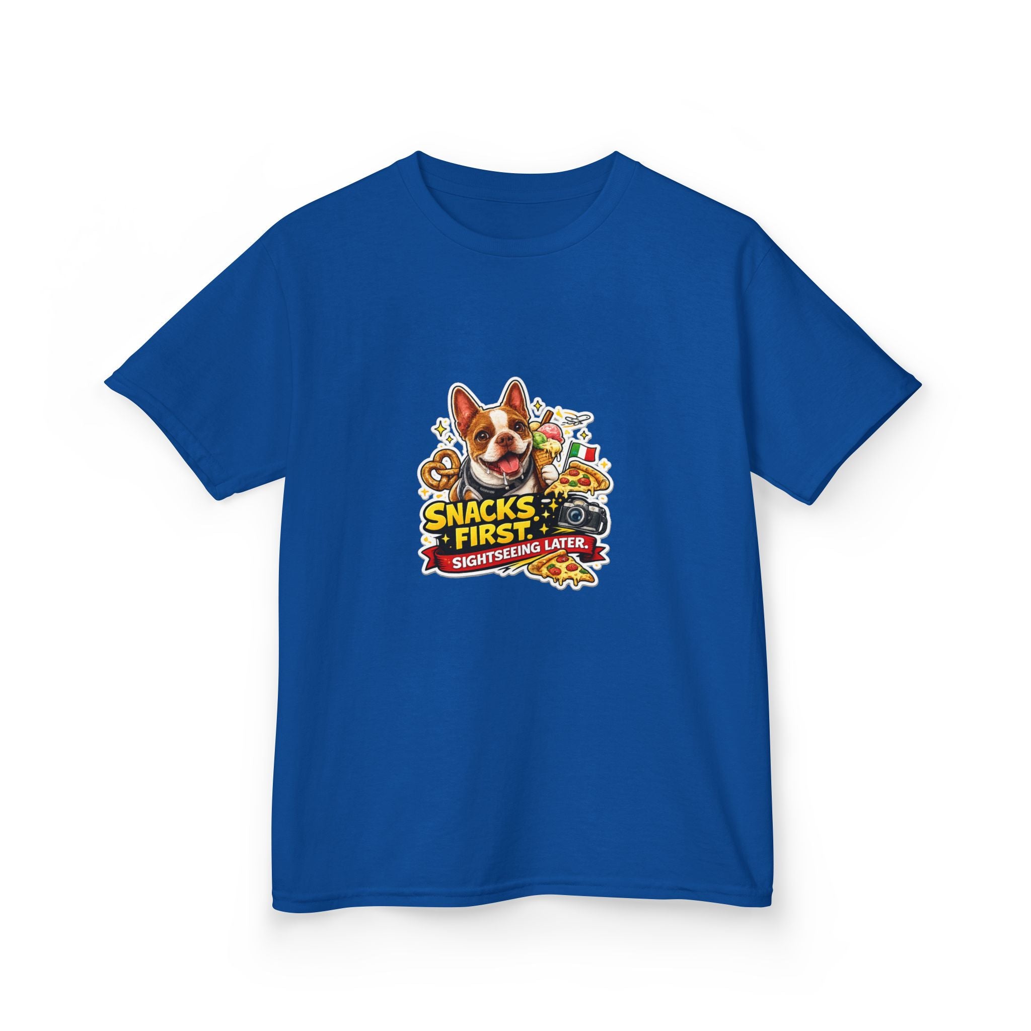 Kids T‑Shirt — "Snacks First" Funny Olli the Boston Terrier Graphic Tee for Children
