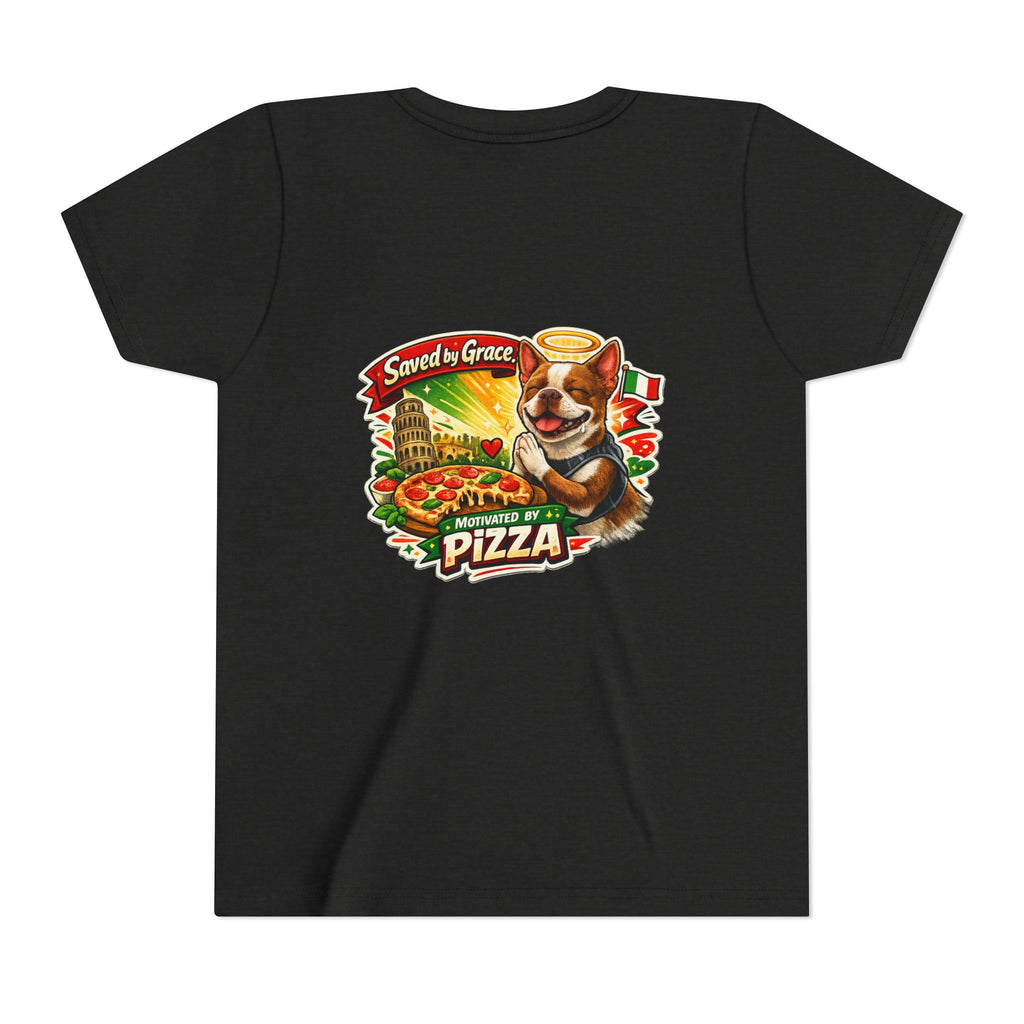 Kids' Pizza Olli the Boston Terrier Tee — "Saved by Grace" Funny Italian Pizza Youth Shirt