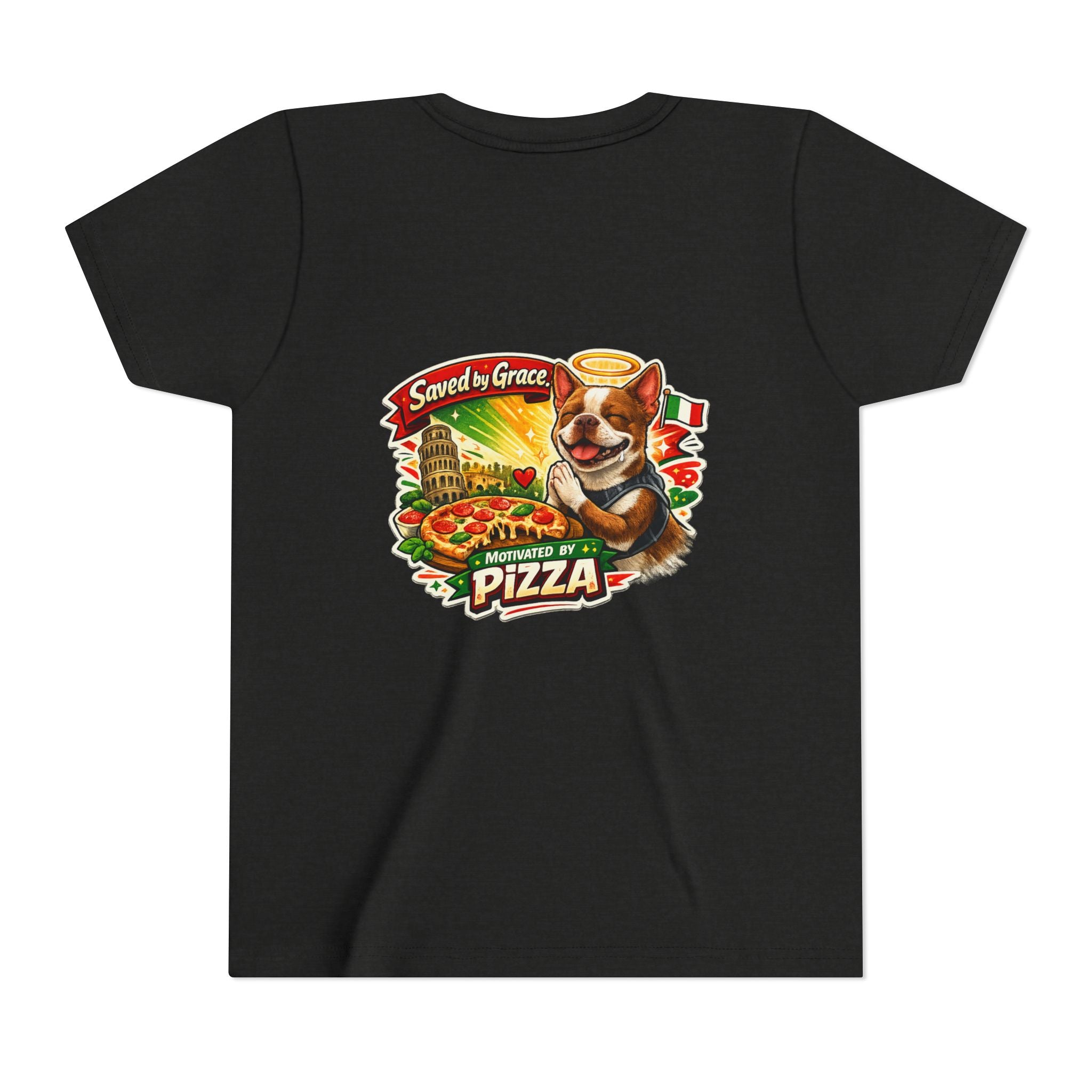 Kids' Pizza Olli the Boston Terrier in Italy Tee — "Saved by Grace" Funny Italian Pizza Youth Shirt