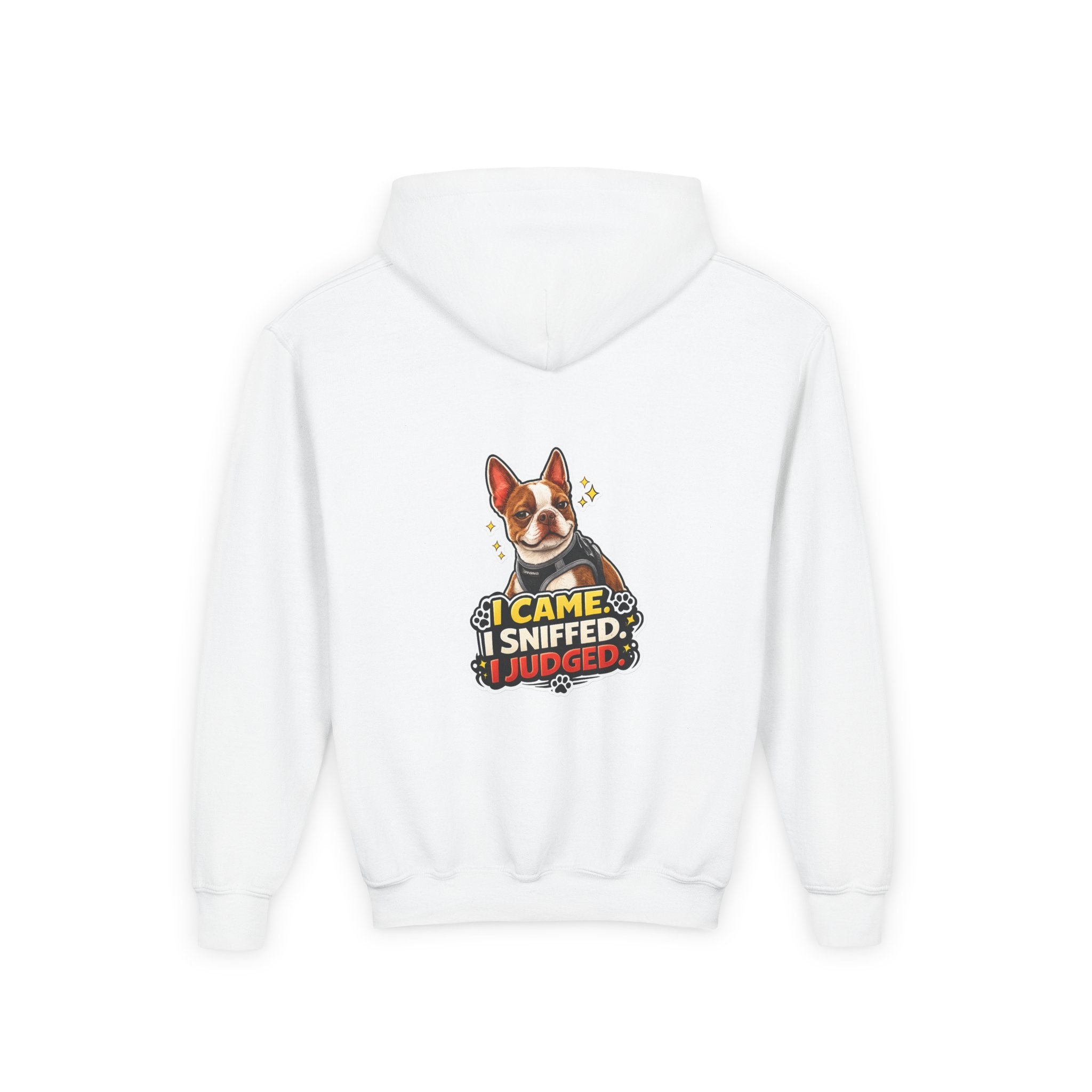 Youth Hoodie — Cute Olli the Boston Terrier ‘My Nose Says This Way’ / ‘I Came, I Sniffed, I Judged’