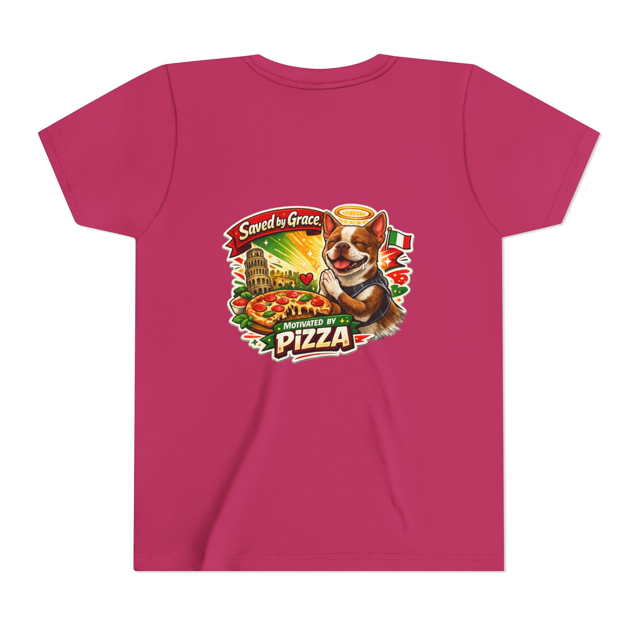 Kids' Pizza Olli the Boston Terrier Tee — "Saved by Grace" Funny Italian Pizza Youth Shirt