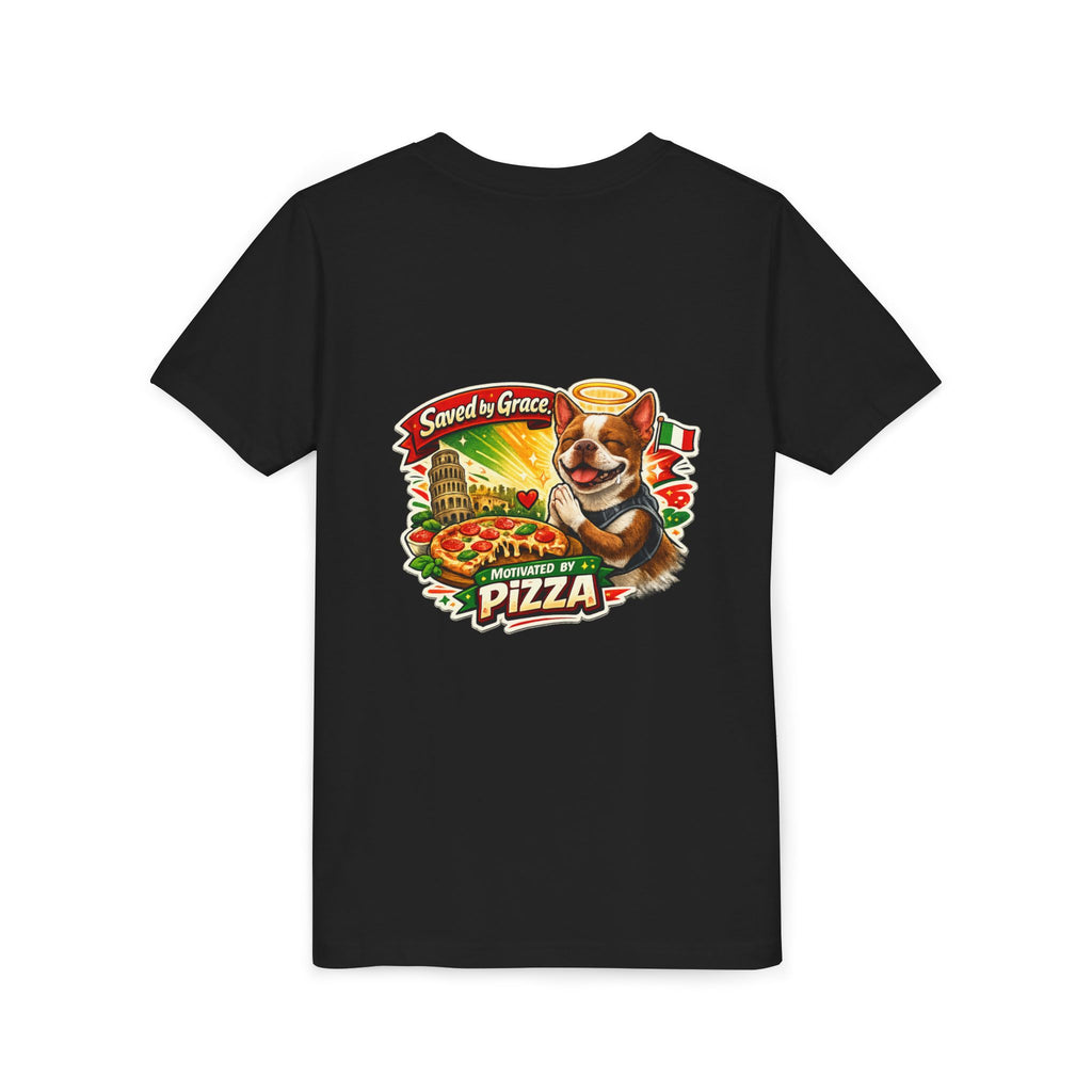 Kids' Pizza Olli the Boston Terrier Tee — "Saved by Grace" Funny Italian Pizza Youth Shirt