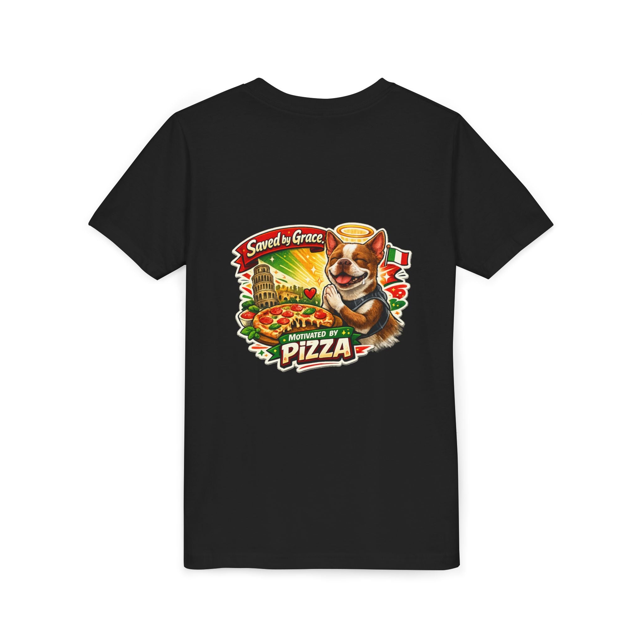 Kids' Pizza Olli the Boston Terrier Tee — "Saved by Grace" Funny Italian Pizza Youth Shirt