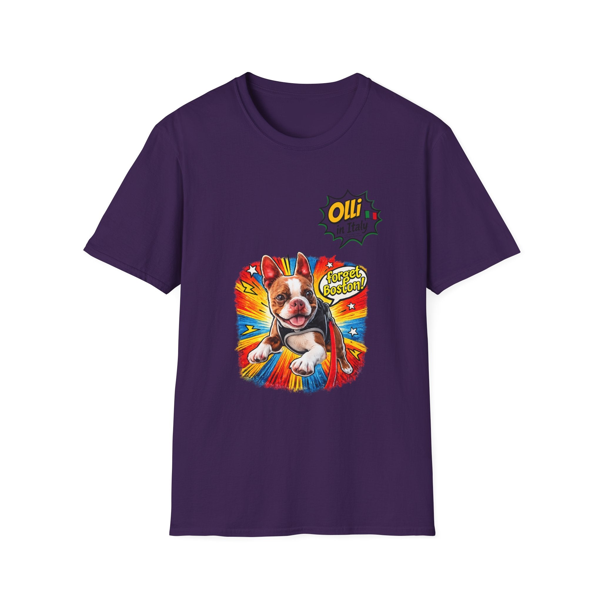 Olli in Italy "Forget Boston" Graphic T-Shirt — Colorful Dog Pop Art Tee