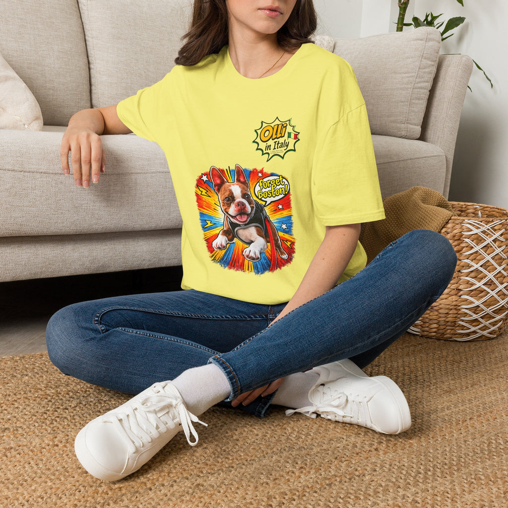 Olli in Italy "Forget Boston" Graphic T-Shirt — Colorful Dog Pop Art Tee
