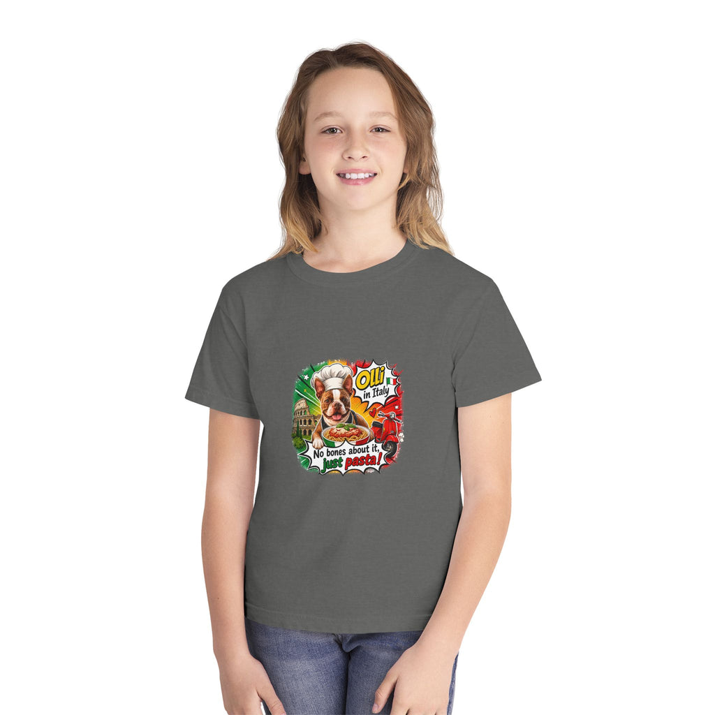 Youth Tee - Cute Olli the Boston Terrier "My Nose Says This Way" Vintage Italian Pizza Chef Graphic