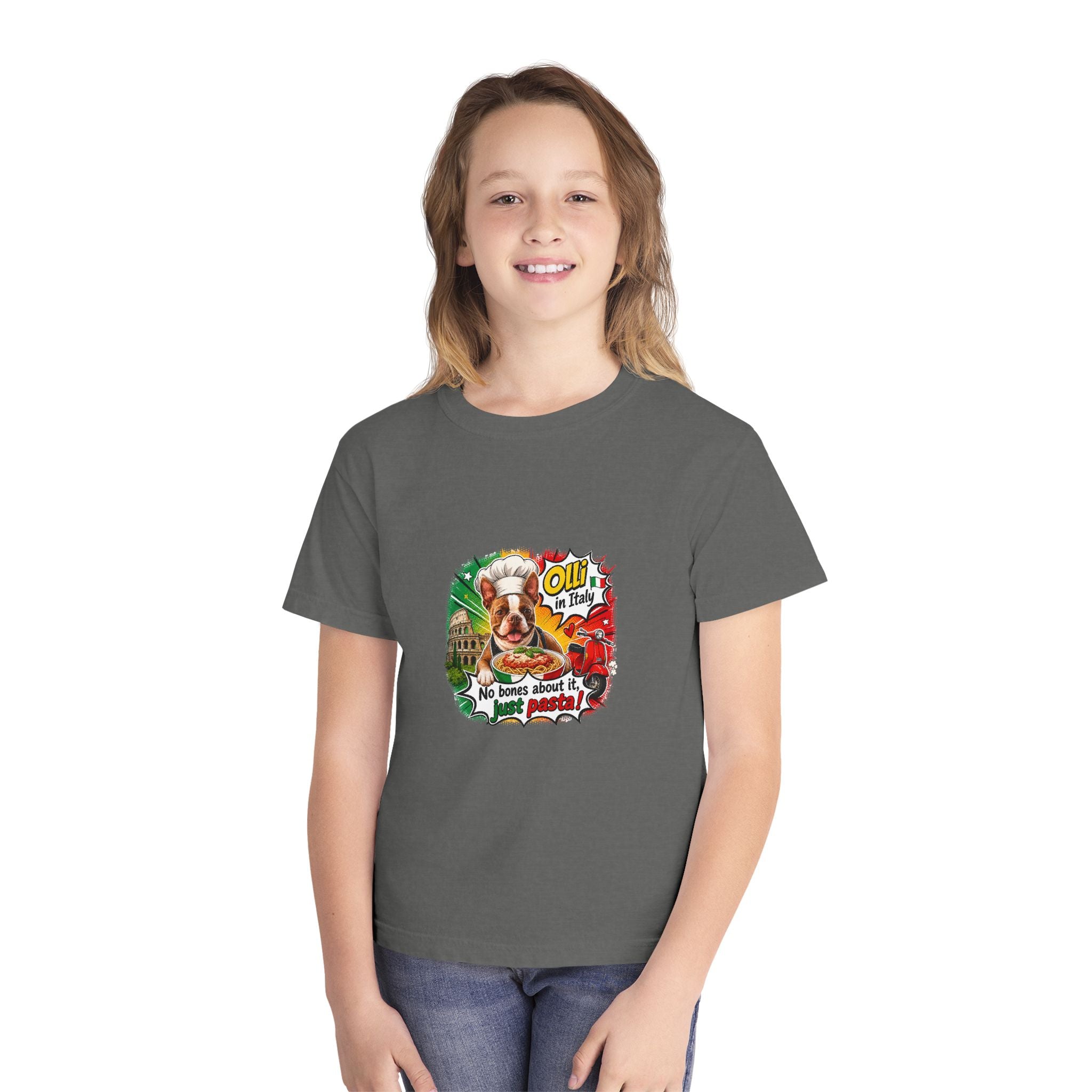 Youth Tee - Cute Olli the Boston Terrier "My Nose Says This Way" Vintage Italian Pizza Chef Graphic