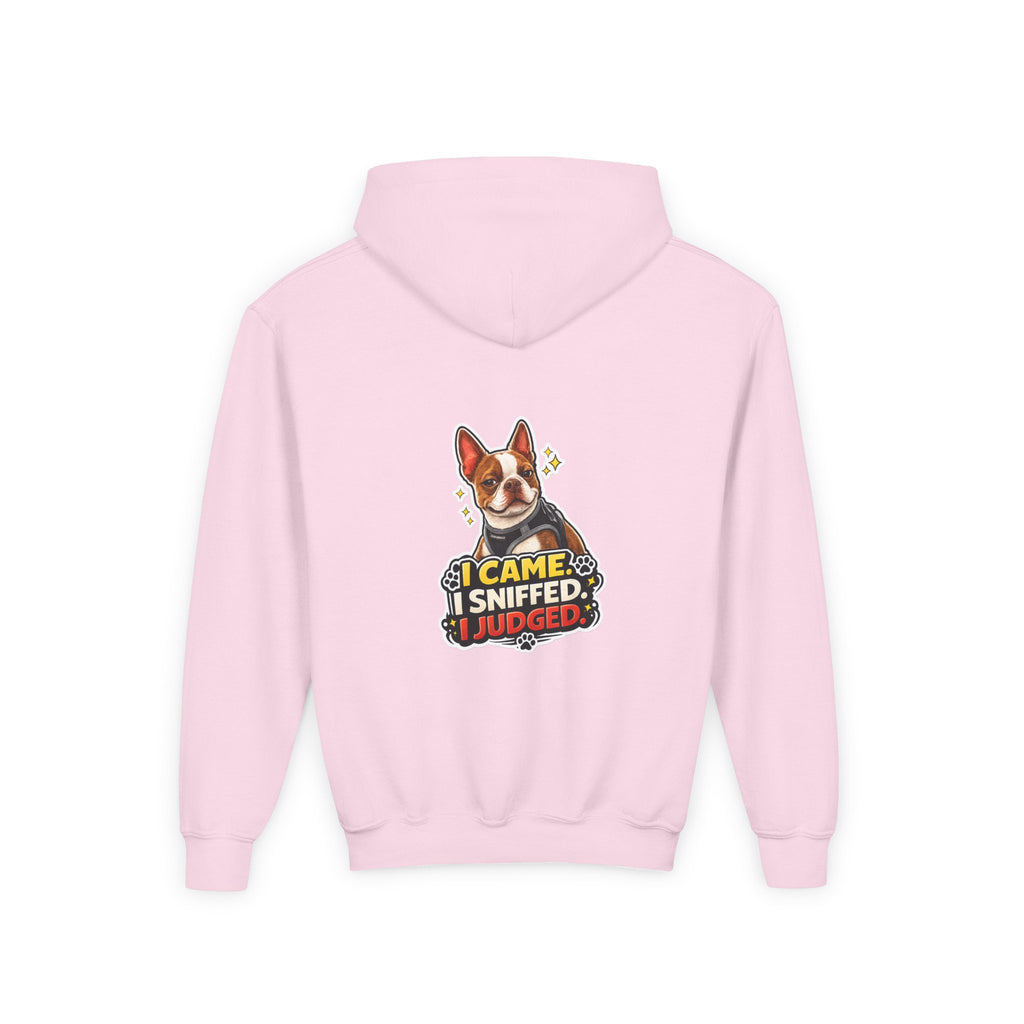 Youth Hoodie — Cute Olli the Boston Terrier ‘My Nose Says This Way’ / ‘I Came, I Sniffed, I Judged’
