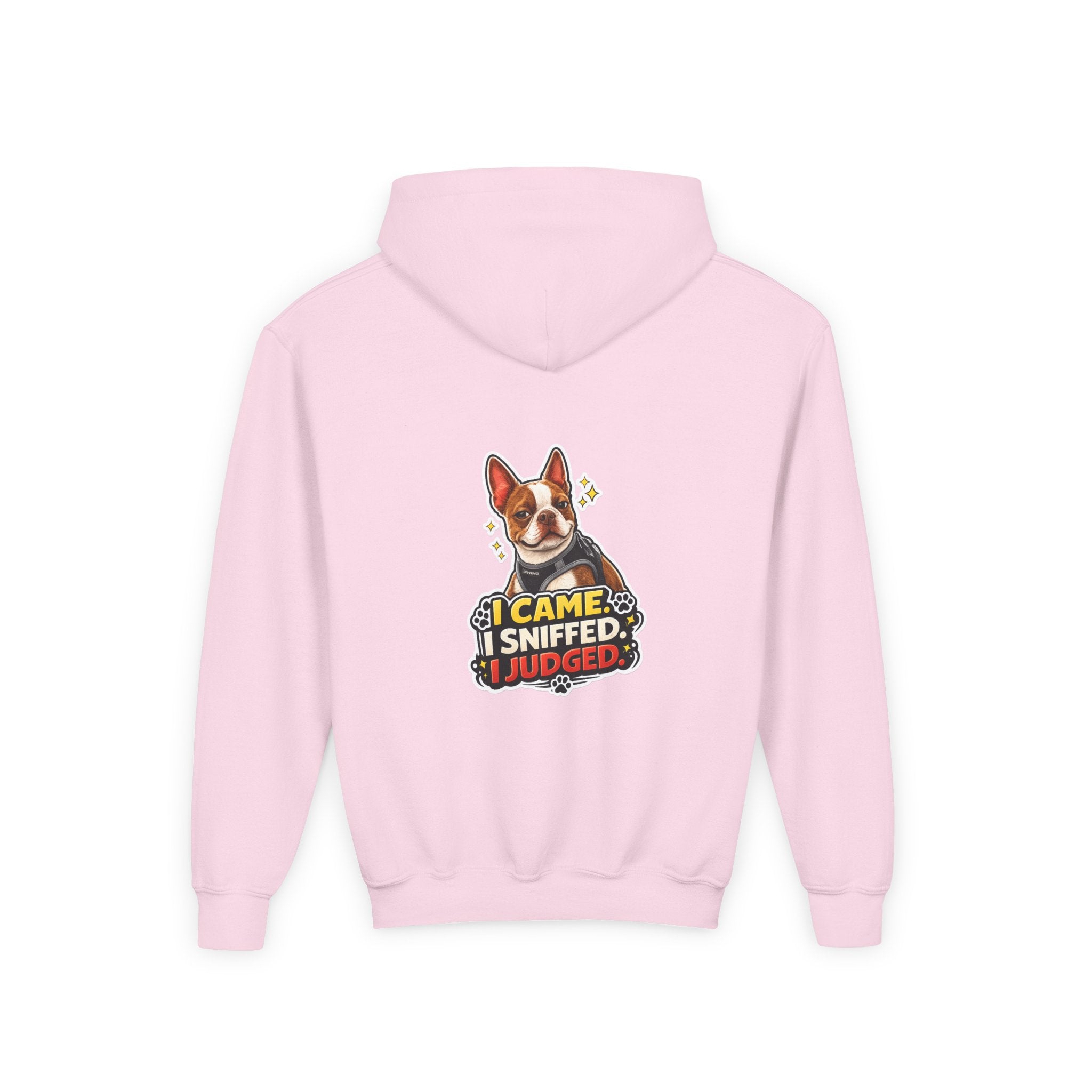 Youth Hoodie — Cute Olli the Boston Terrier ‘My Nose Says This Way’ / ‘I Came, I Sniffed, I Judged’