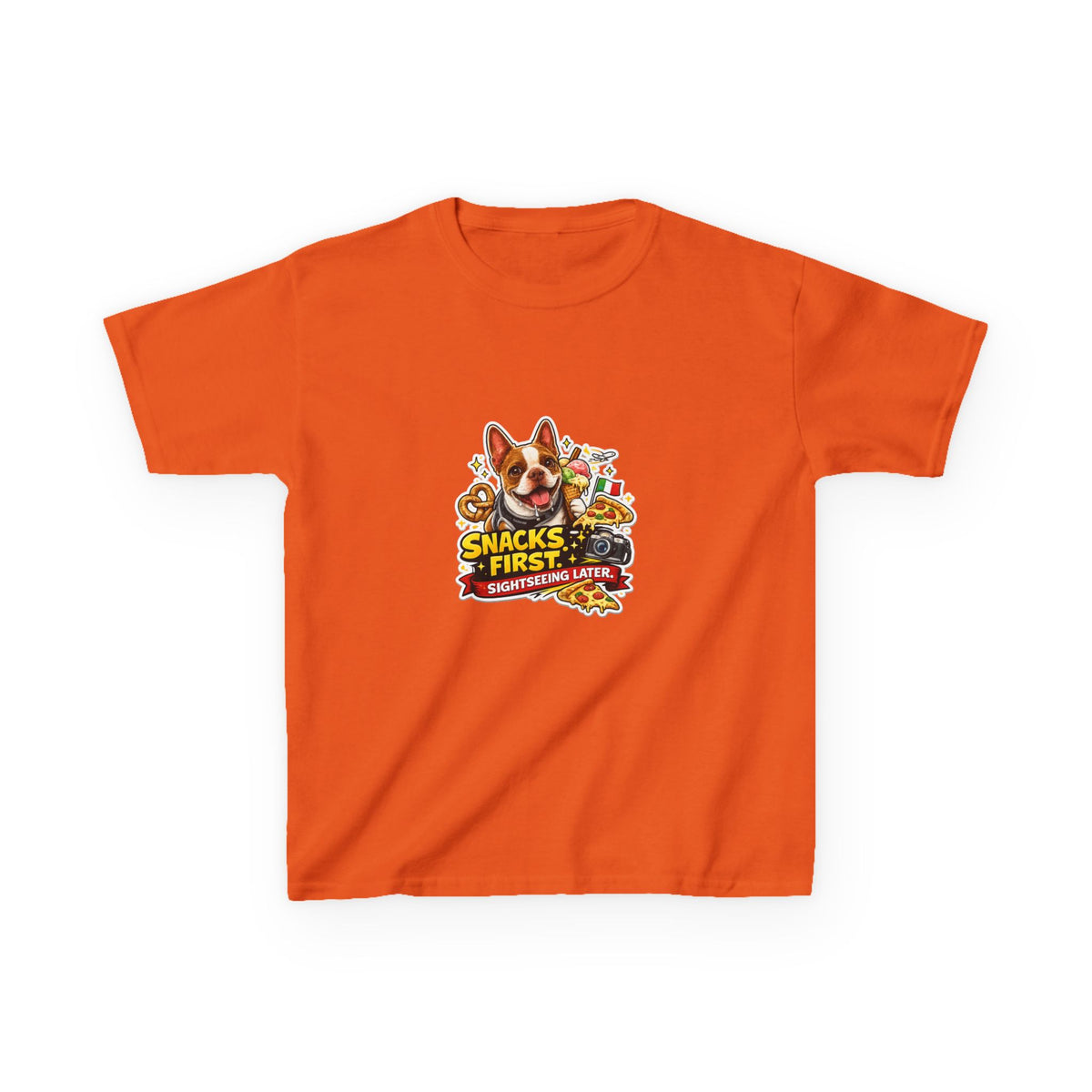 Kids T‑Shirt – "Snacks First" Olli the Boston Terrier Graphic Tee