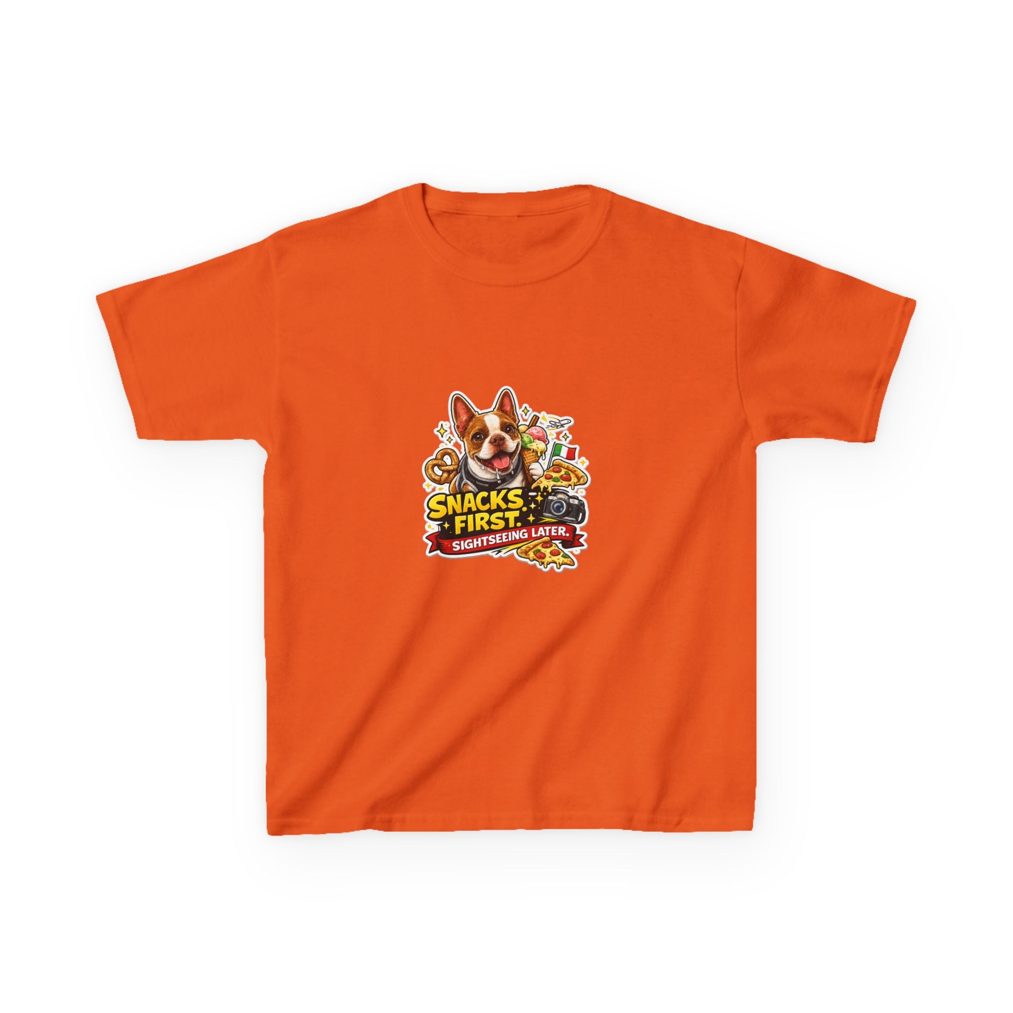 Kids T‑Shirt — "Snacks First" Funny Olli the Boston Terrier Graphic Tee for Children