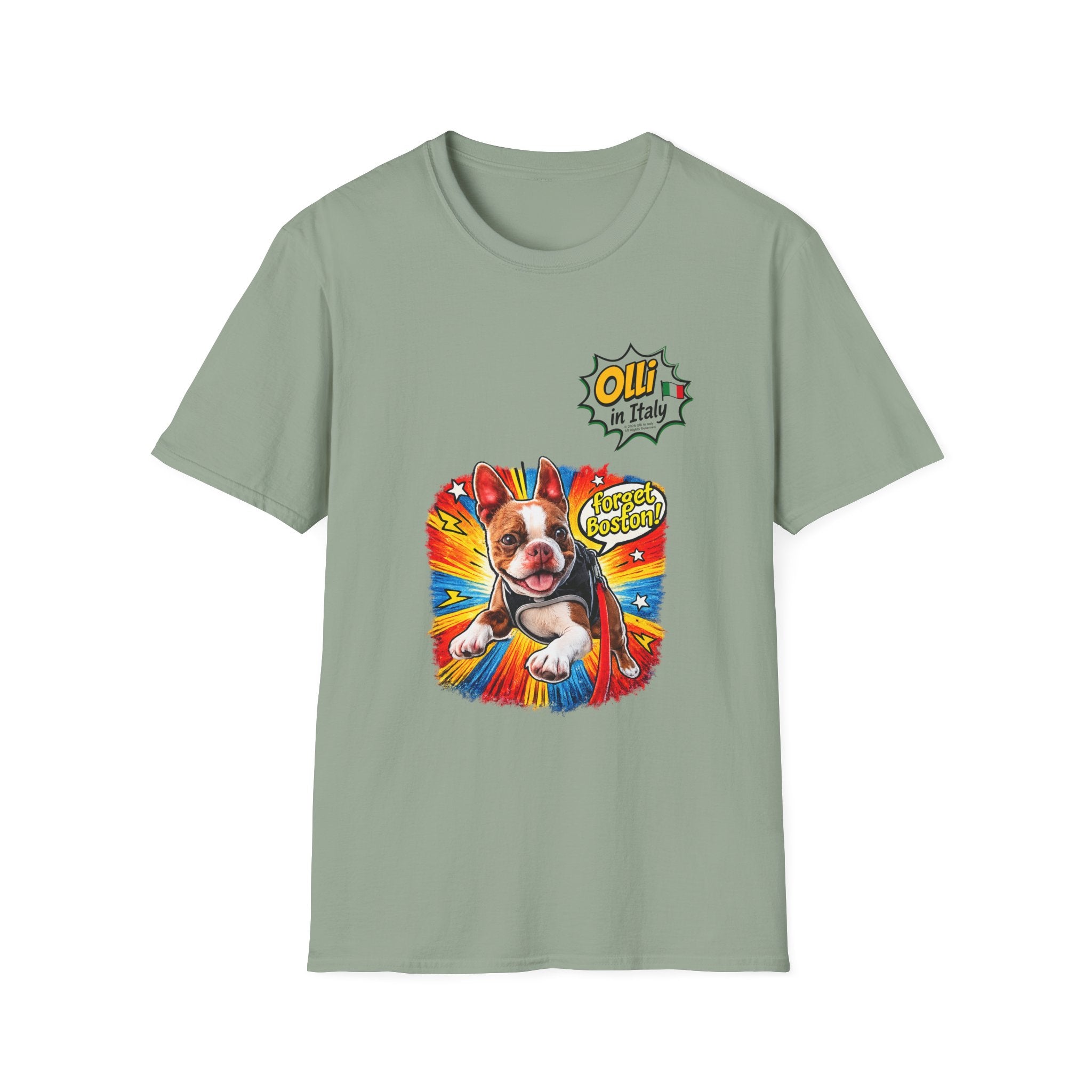 Olli in Italy "Forget Boston" Graphic T-Shirt — Colorful Dog Pop Art Tee