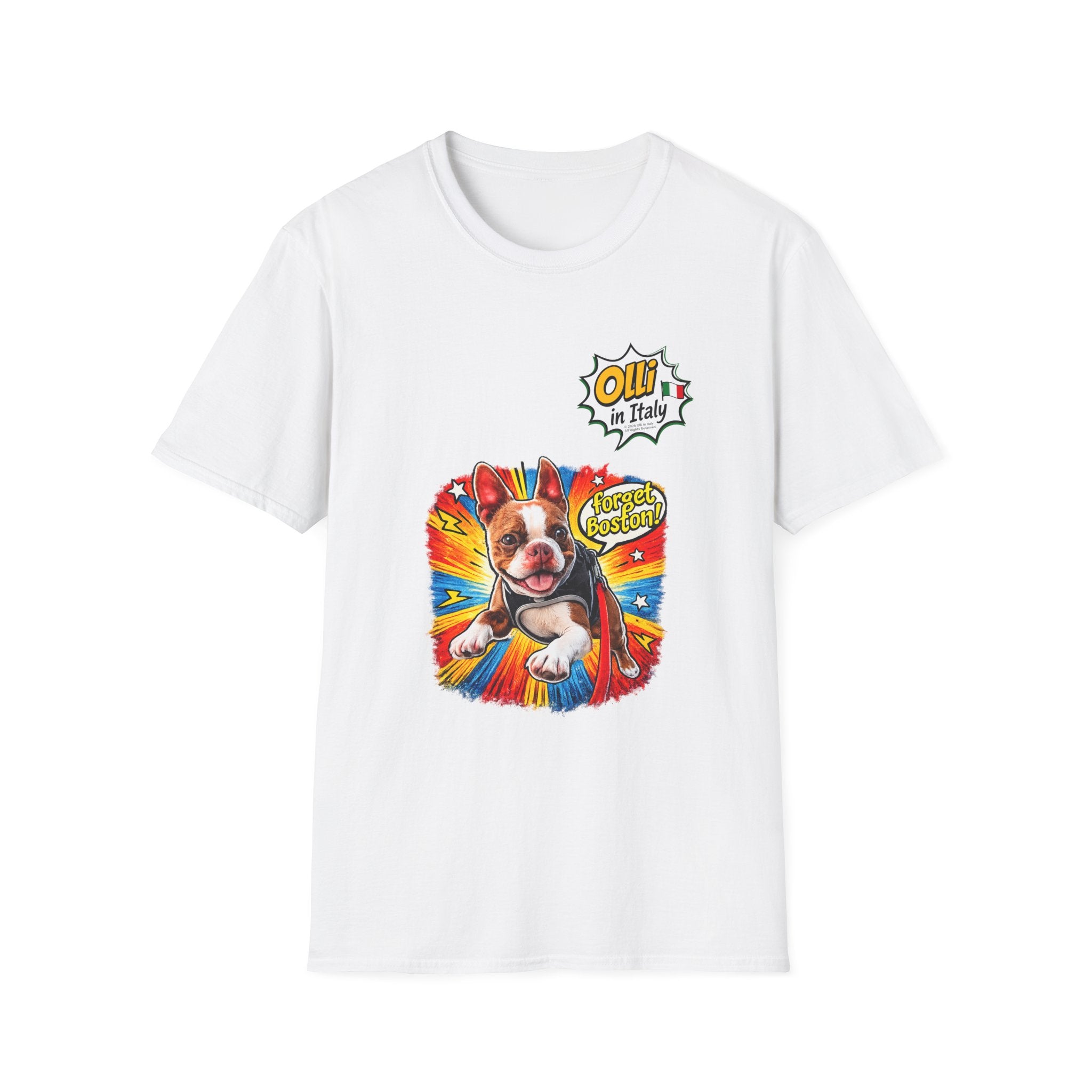 Olli in Italy "Forget Boston" Graphic T-Shirt — Colorful Dog Pop Art Tee
