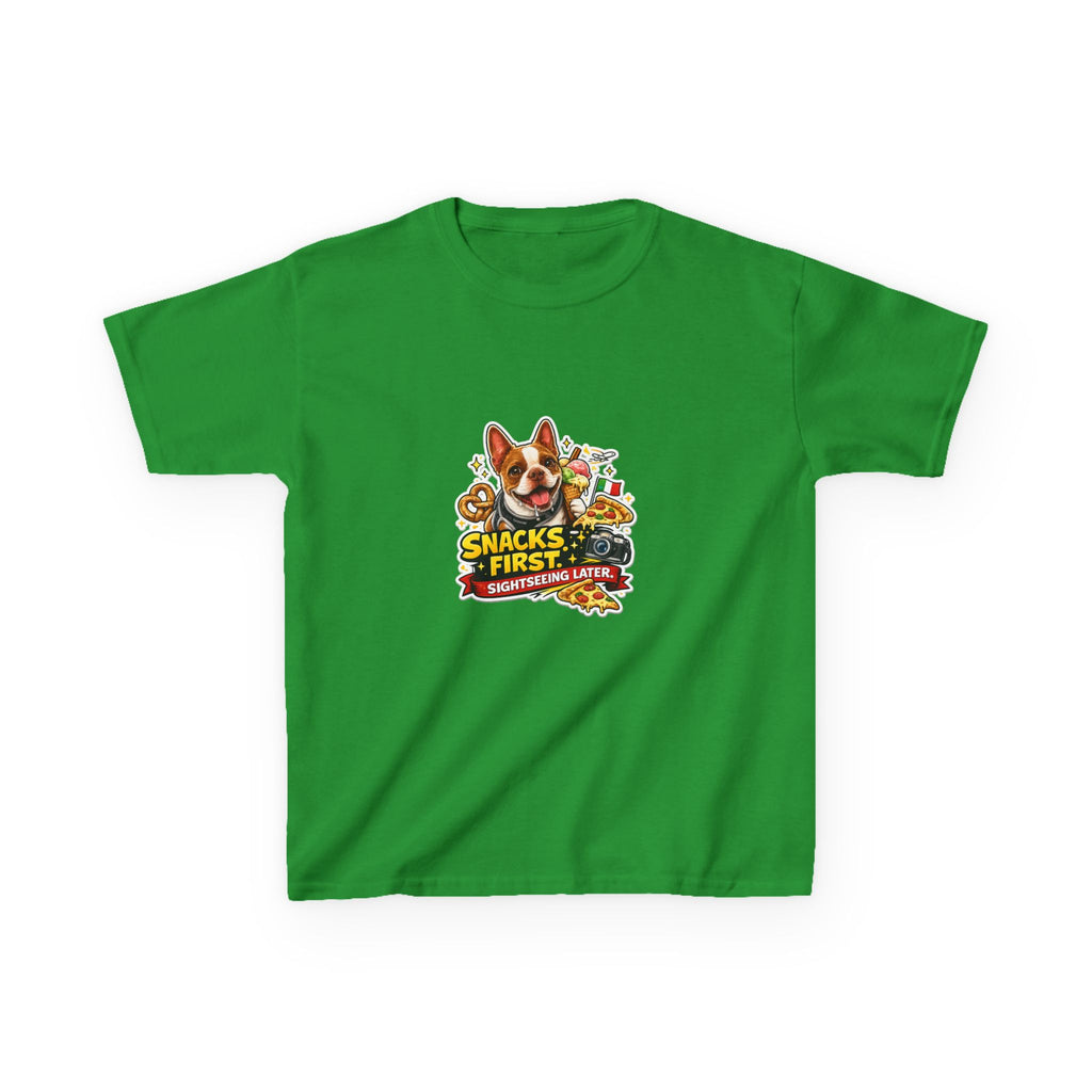 Kids T‑Shirt — "Snacks First" Funny Olli the Boston Terrier Graphic Tee for Children