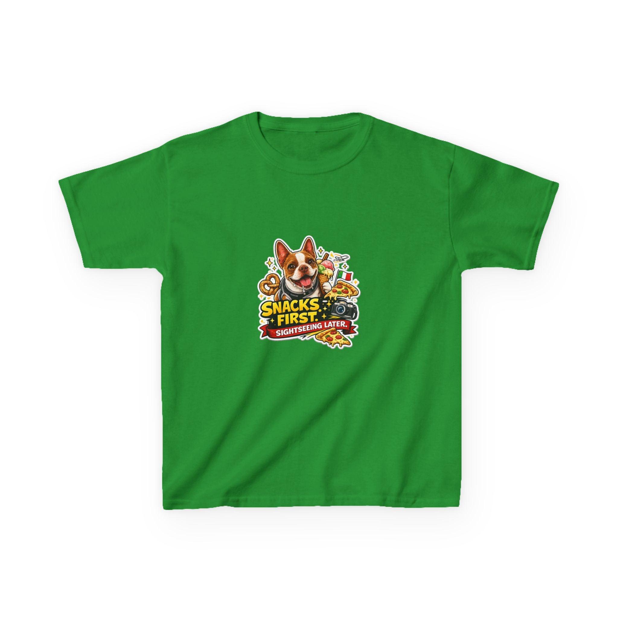 Kids T‑Shirt — "Snacks First" Funny Olli the Boston Terrier Graphic Tee for Children