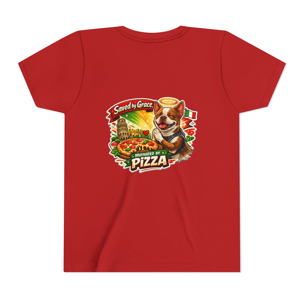 Kids' Pizza Olli the Boston Terrier Tee — "Saved by Grace" Funny Italian Pizza Youth Shirt