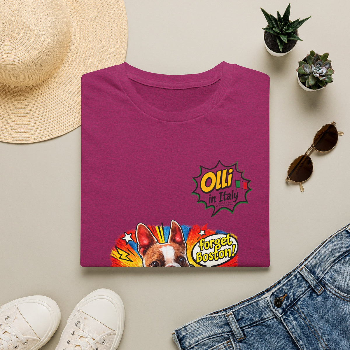 Olli in Italy "Forget Boston" Graphic T-Shirt — Colorful Dog Pop Art Tee