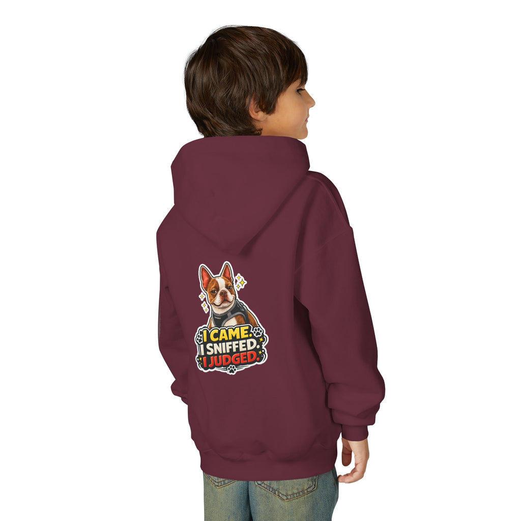 Youth Hoodie — Cute Olli the Boston Terrier ‘My Nose Says This Way’ / ‘I Came, I Sniffed, I Judged’