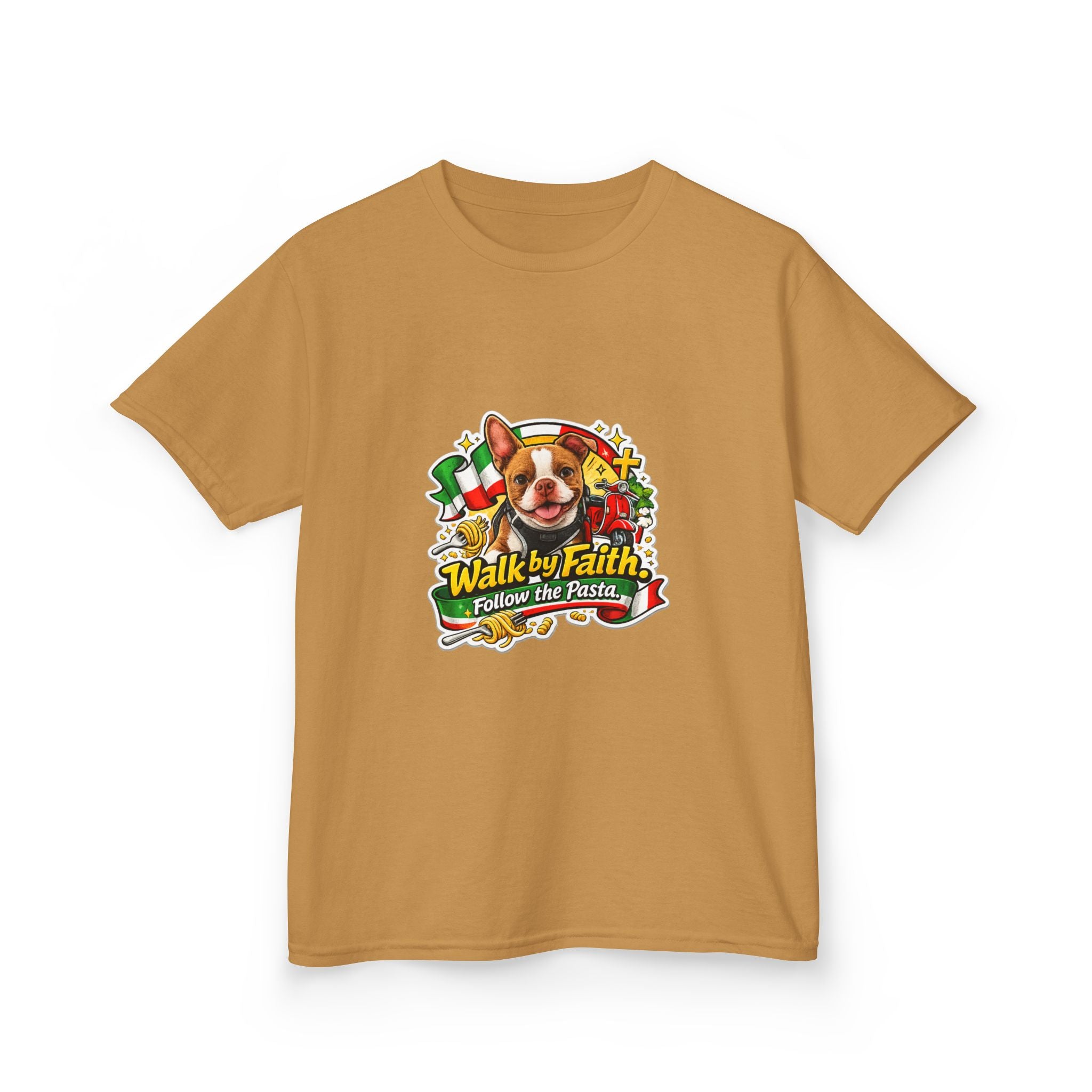 Kids T‑Shirt — “Walk by Faith, Follow the Pasta ” Cute Olli the Boston Terrier Faith Graphic