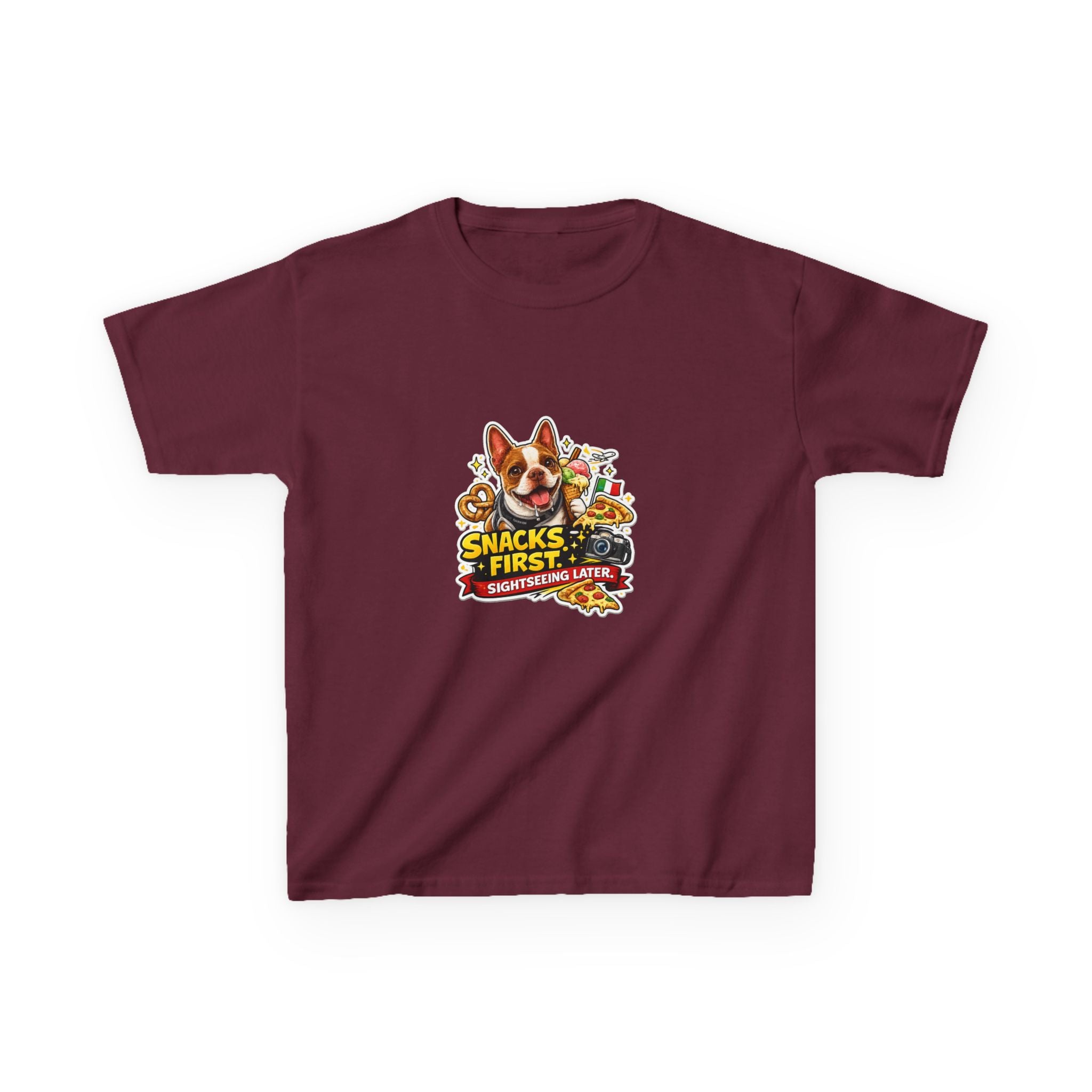 Kids T‑Shirt — "Snacks First" Funny Olli the Boston Terrier Graphic Tee for Children