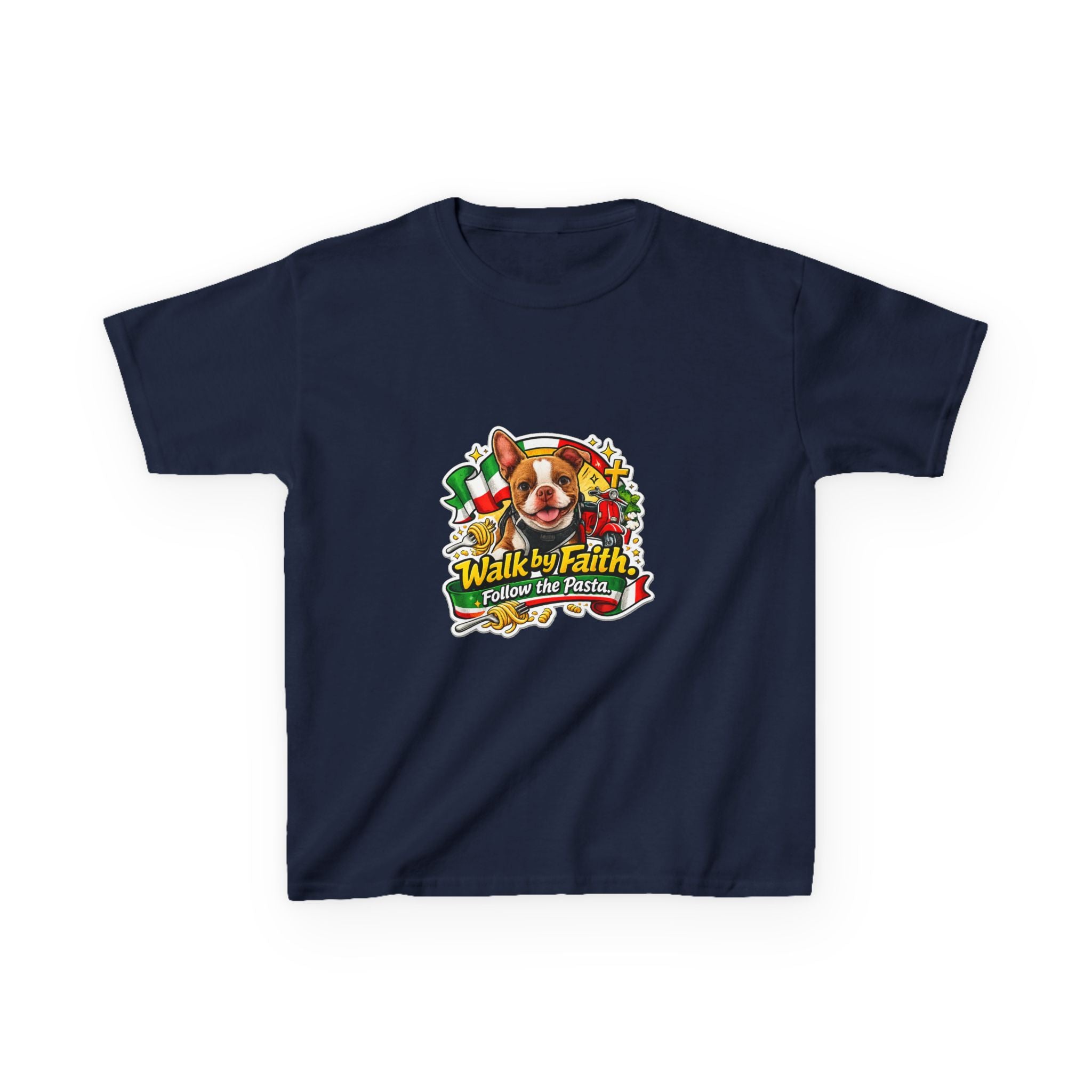 Kids T‑Shirt — “Walk by Faith, Follow the Pasta ” Cute Olli the Boston Terrier Faith Graphic
