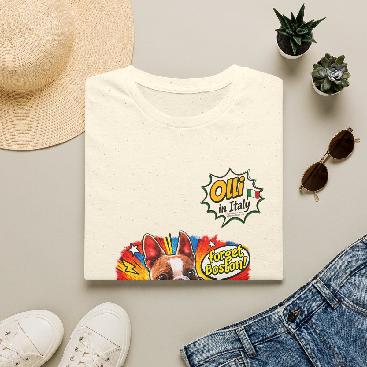 Olli in Italy "Forget Boston" Graphic T-Shirt — Colorful Dog Pop Art Tee