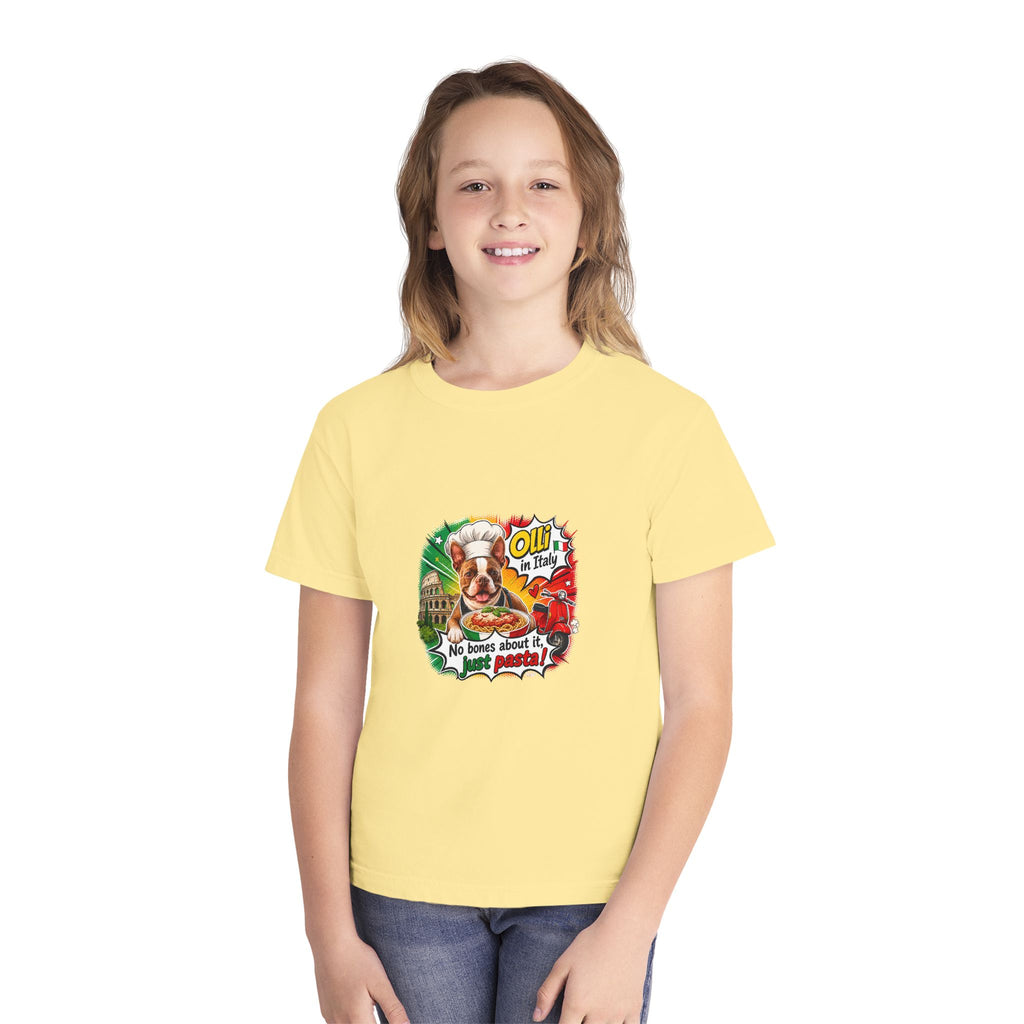 Youth Tee - Cute Olli the Boston Terrier "My Nose Says This Way" Vintage Italian Pizza Chef Graphic