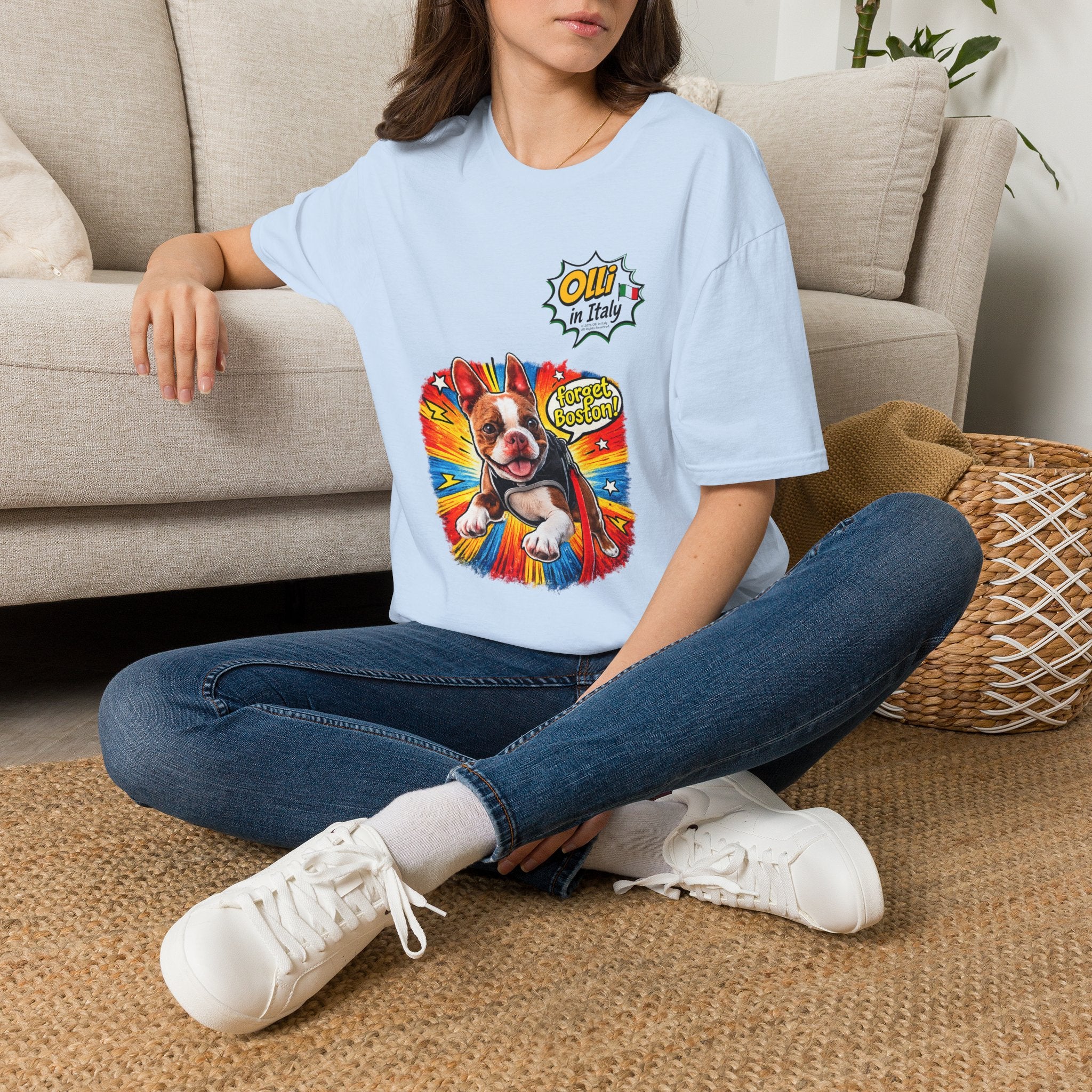 Olli in Italy "Forget Boston" Graphic T-Shirt — Colorful Dog Pop Art Tee