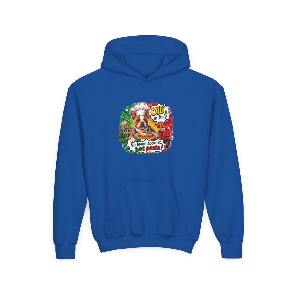 Youth Hoodie — "Olli from Italy" Boston Terrier Christmas Holiday Sweatshirt