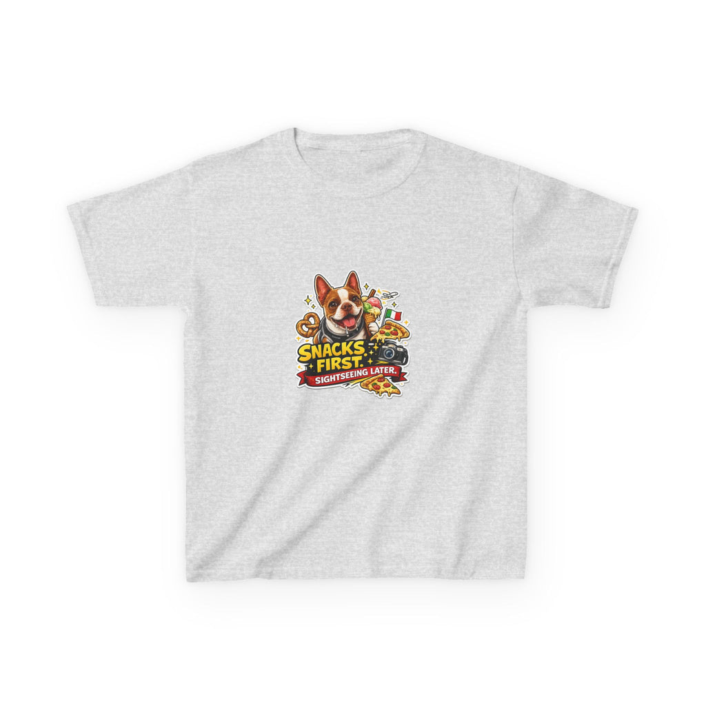 Kids T‑Shirt — "Snacks First" Funny Olli the Boston Terrier Graphic Tee for Children